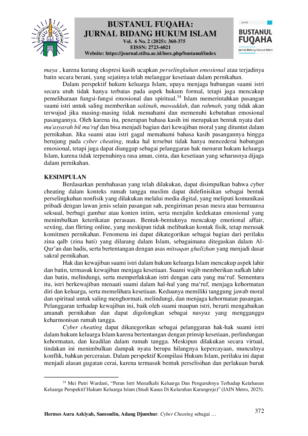 JURIS Cyber Cheating sebagai Bentuk Pelanggaran Hak Pasangan Suami Istri dalam Hukum Keluarga Islam Cyber Cheating as a Form of Violation of Wife s Rights in Islamic Family Law