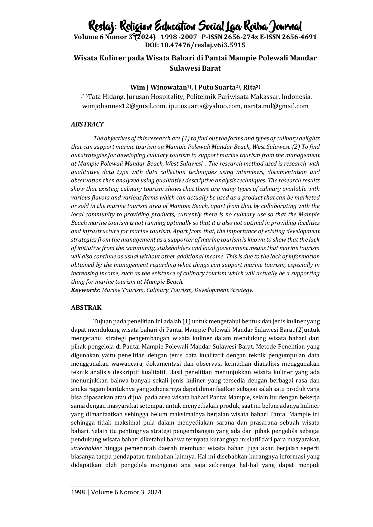 JURIS Wisata Kuliner pada Wisata Bahari di Pantai Mampie Polewali Mandar Sulawesi Barat