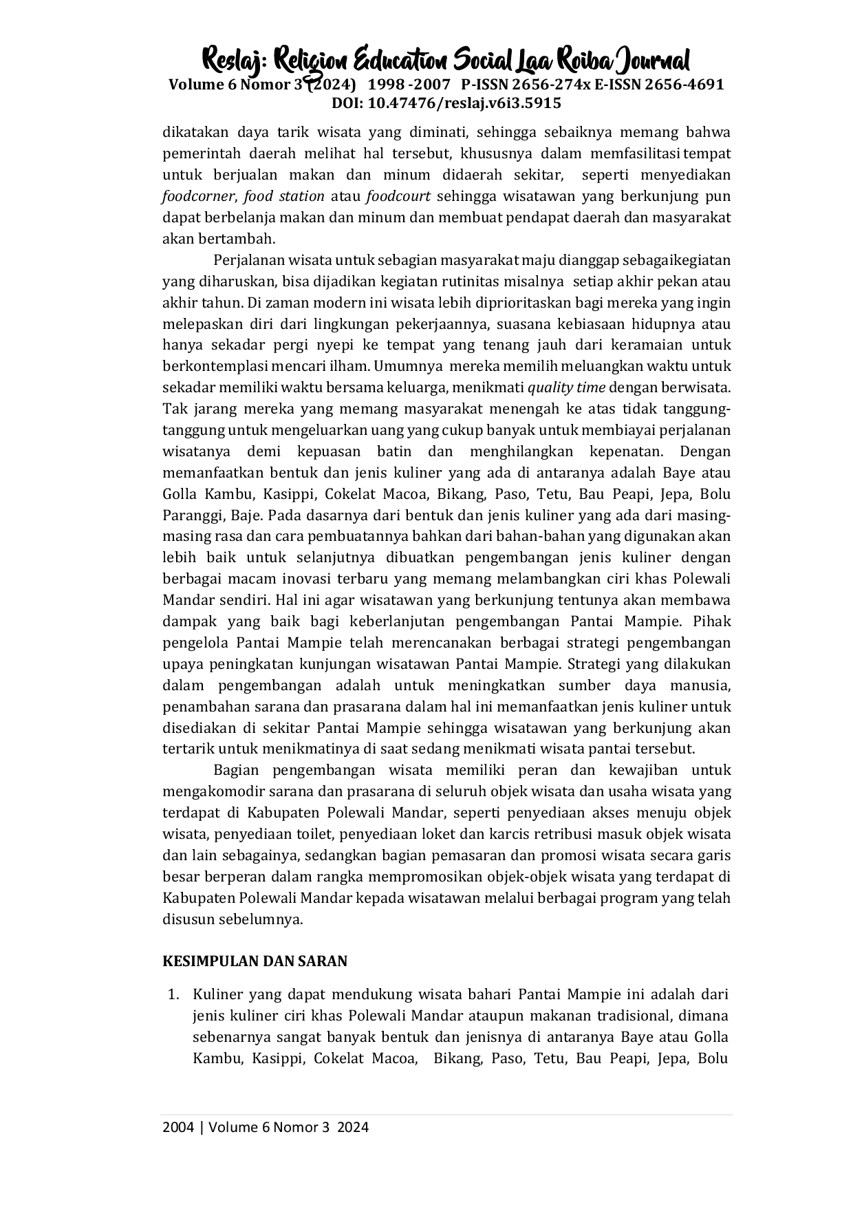 JURIS Wisata Kuliner pada Wisata Bahari di Pantai Mampie Polewali Mandar Sulawesi Barat