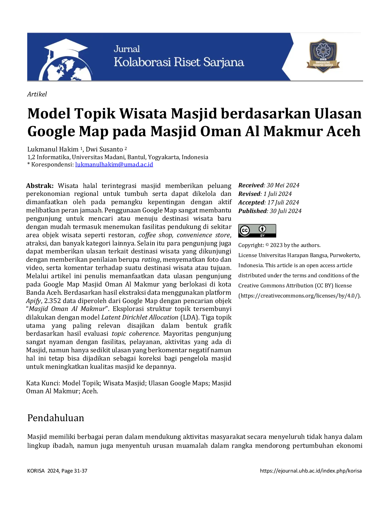 JURIS Model Topik Wisata Masjid berdasarkan Ulasan Google Map pada Masjid Oman Al Makmur Aceh