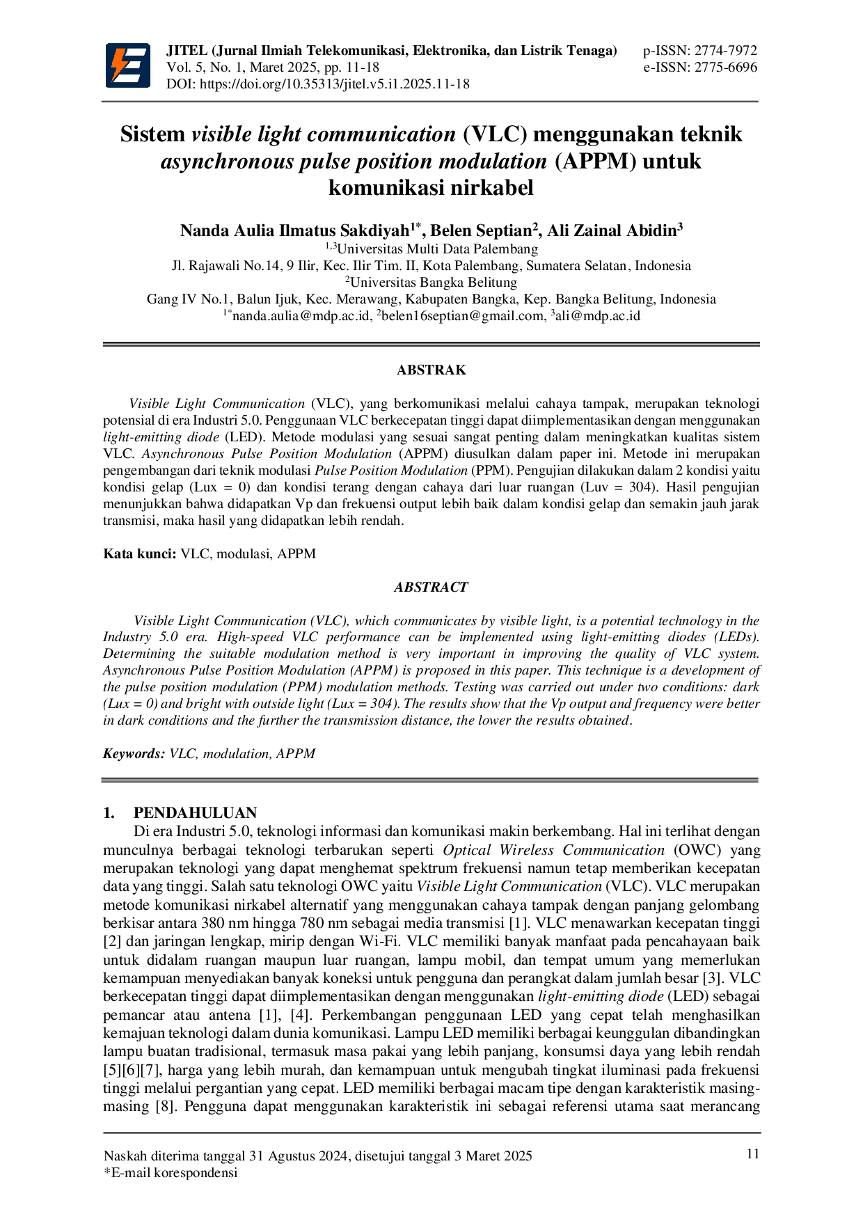 JURIS Sistem visible light communication VLC menggunakan teknik asynchronous pulse position modulation APPM untuk komunikasi nirkabel