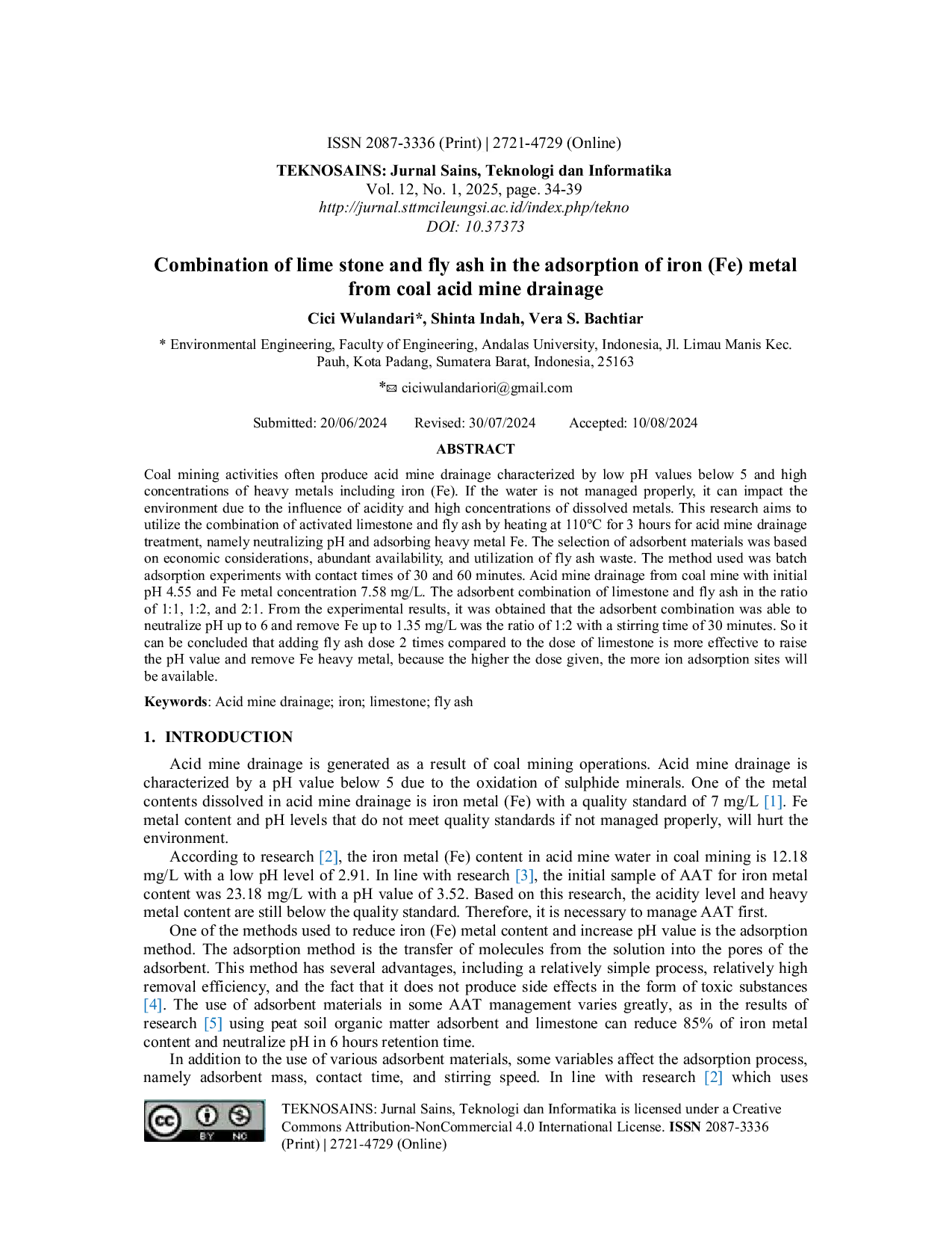 JURIS Combination of lime stone and fly ash in the adsorption of iron Fe metal from coal acid mine drainage