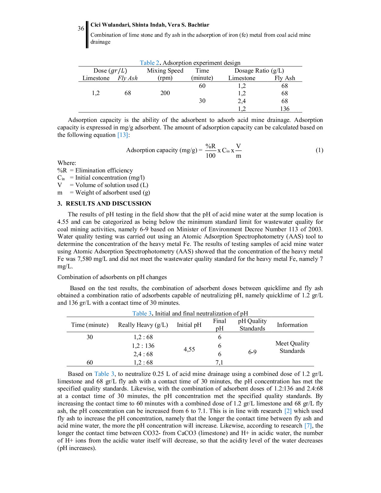 JURIS Combination of lime stone and fly ash in the adsorption of iron Fe metal from coal acid mine drainage