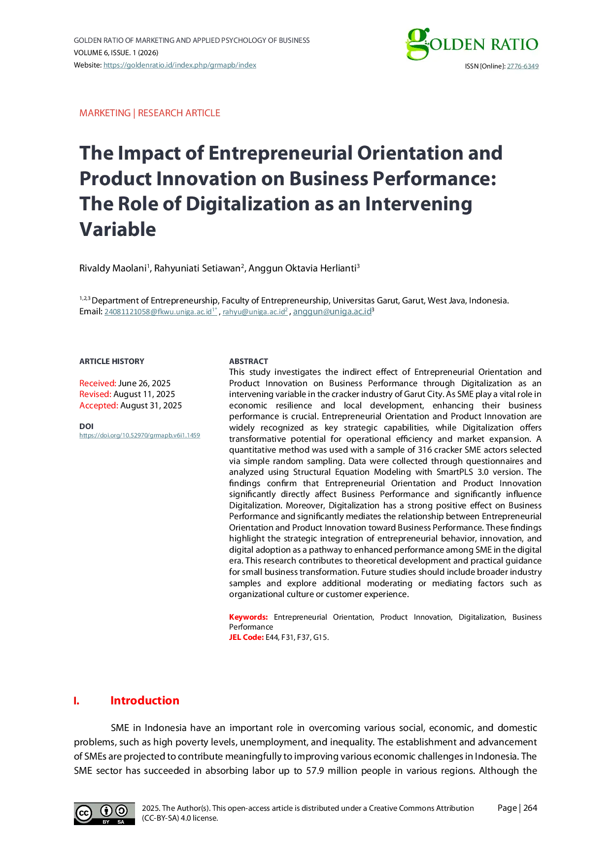 JURIS The Impact of Entrepreneurial Orientation and Product Innovation on Business Performance The Role of Digitalization as an Intervening Variable
