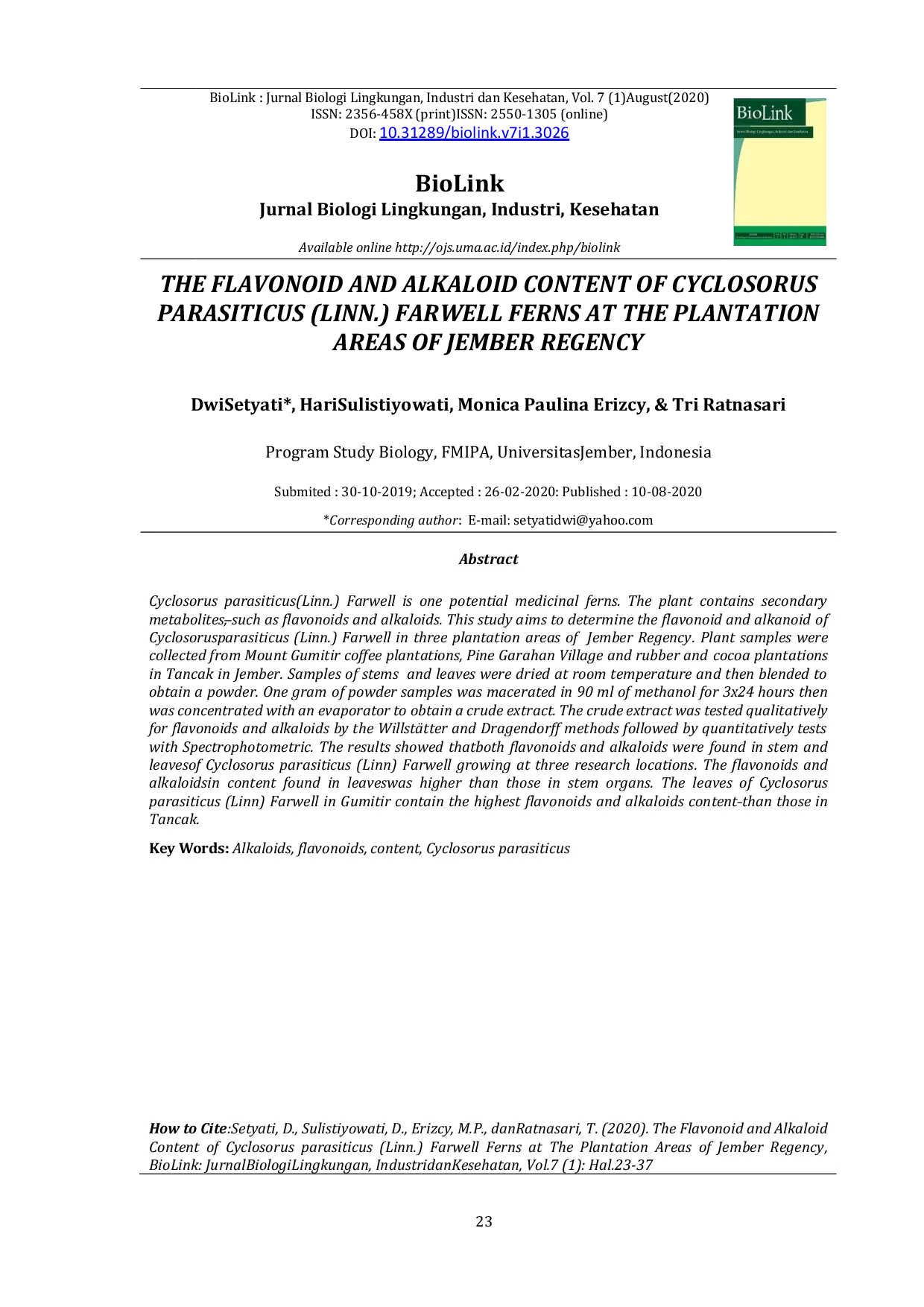 JURIS The Flavonoid and Alkaloid Content of Cyclosorus Parasiticus Linn Farwell Ferns at the Plantation Areas of Jember Regency