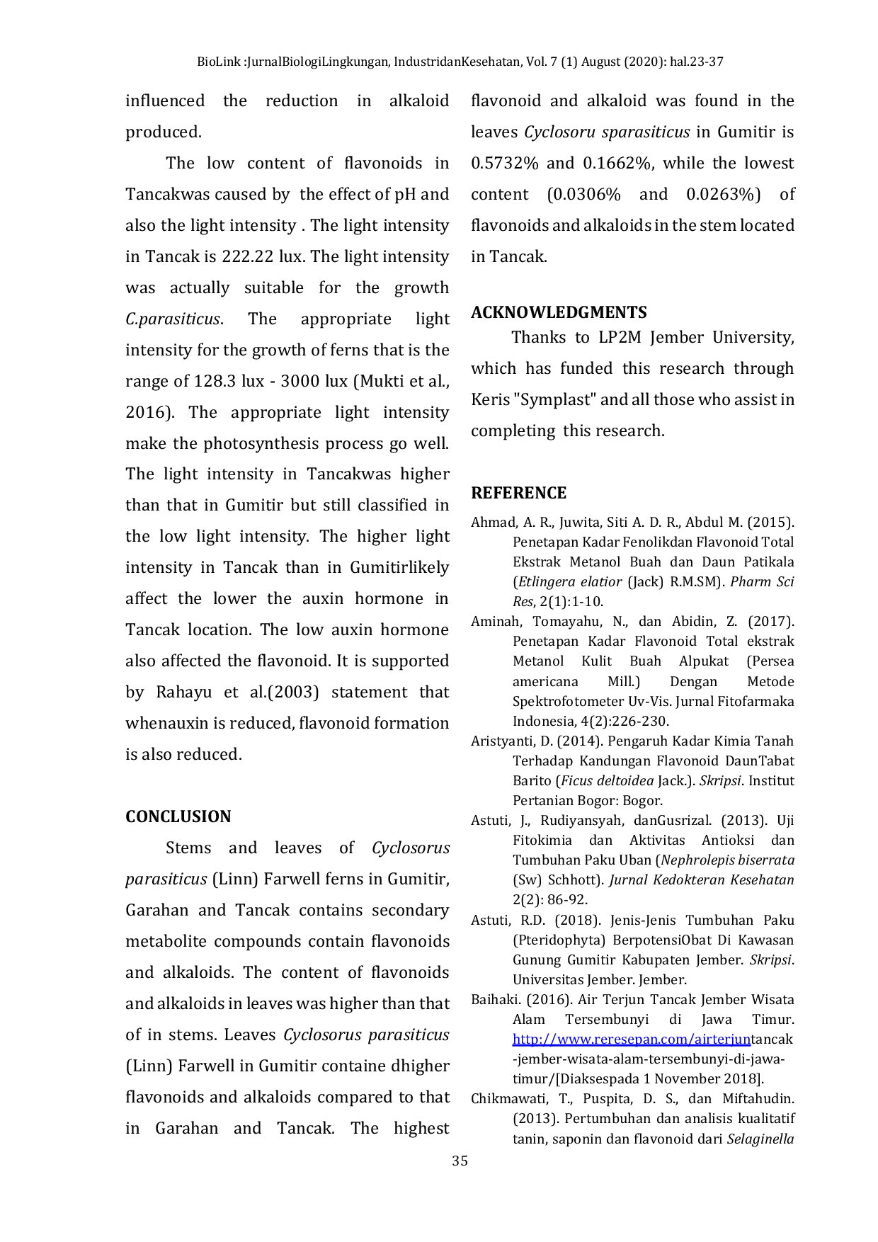JURIS The Flavonoid and Alkaloid Content of Cyclosorus Parasiticus Linn Farwell Ferns at the Plantation Areas of Jember Regency