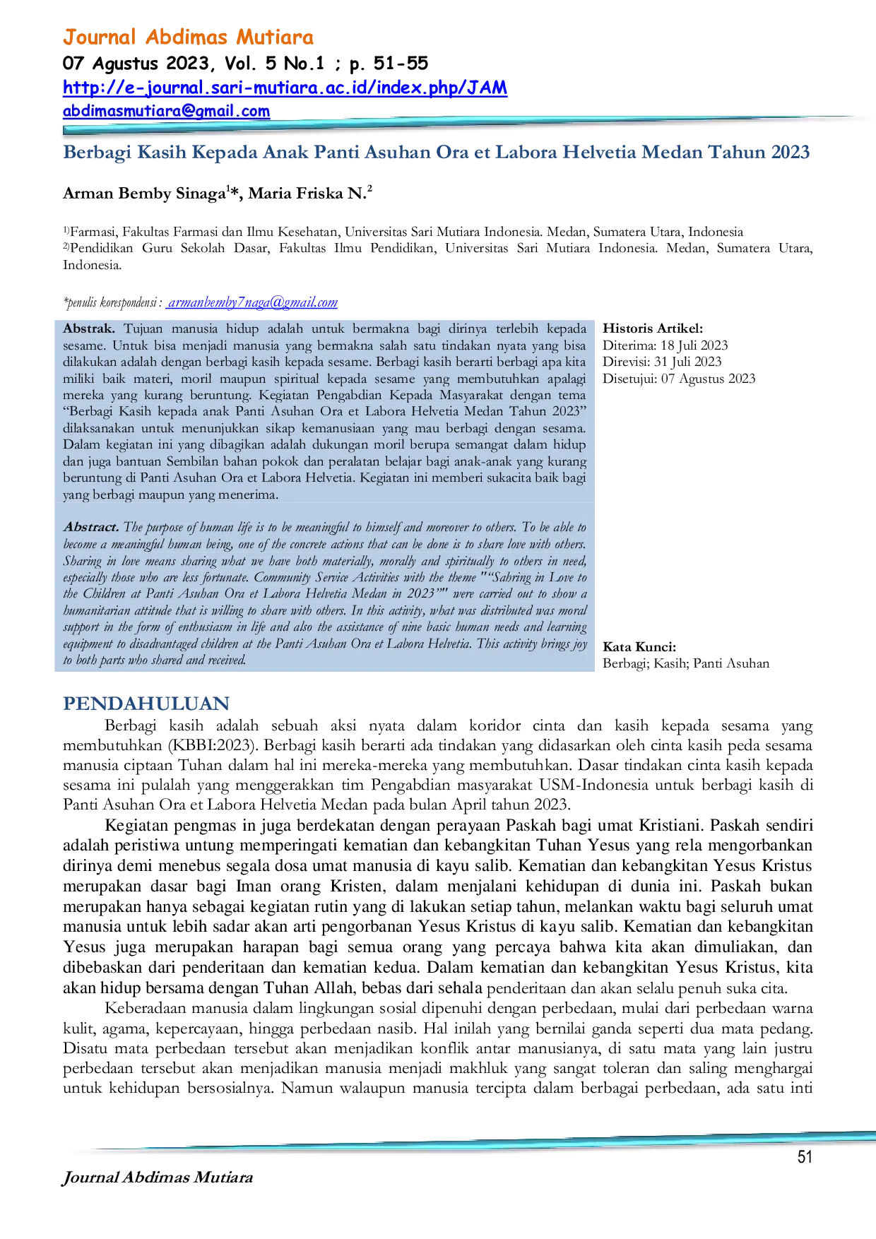 JURIS Berbagi Kasih Kepada Anak Panti Asuhan Ora et Labora Helvetia Medan Tahun 2023