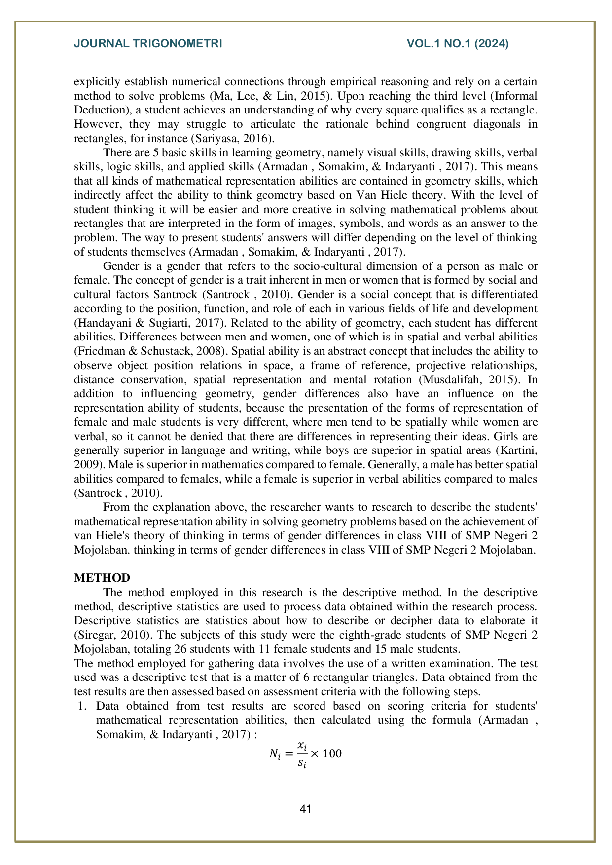 JURIS The Ability Of Mathematical Representation On Junior High School Students In Rectangular And Triangle Based On Gender