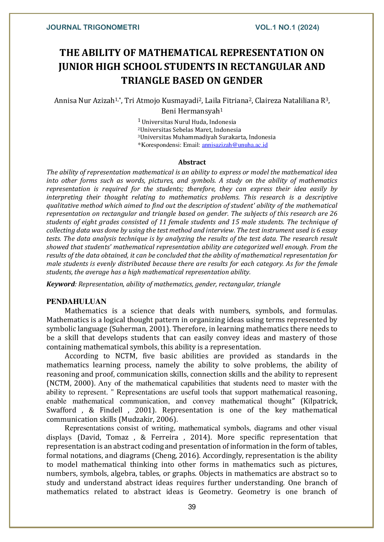 JURIS The Ability Of Mathematical Representation On Junior High School Students In Rectangular And Triangle Based On Gender