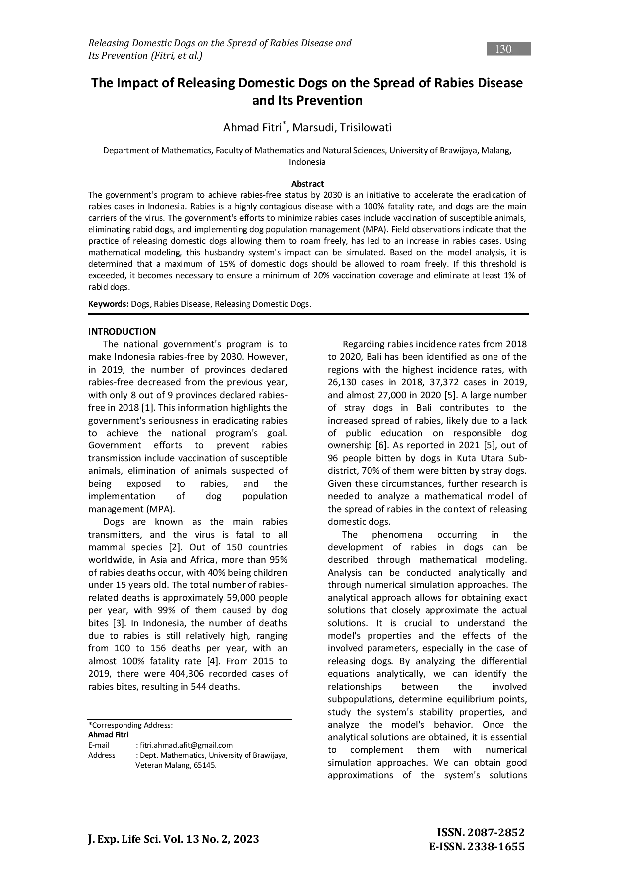 JURIS The Impact of Releasing Domestic Dogs on the Spread of Rabies Disease and Its Prevention