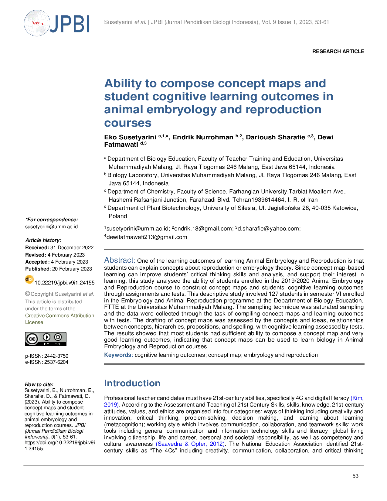 JURIS Ability to compose concept maps and student cognitive learning outcomes in animal embryology and reproduction courses
