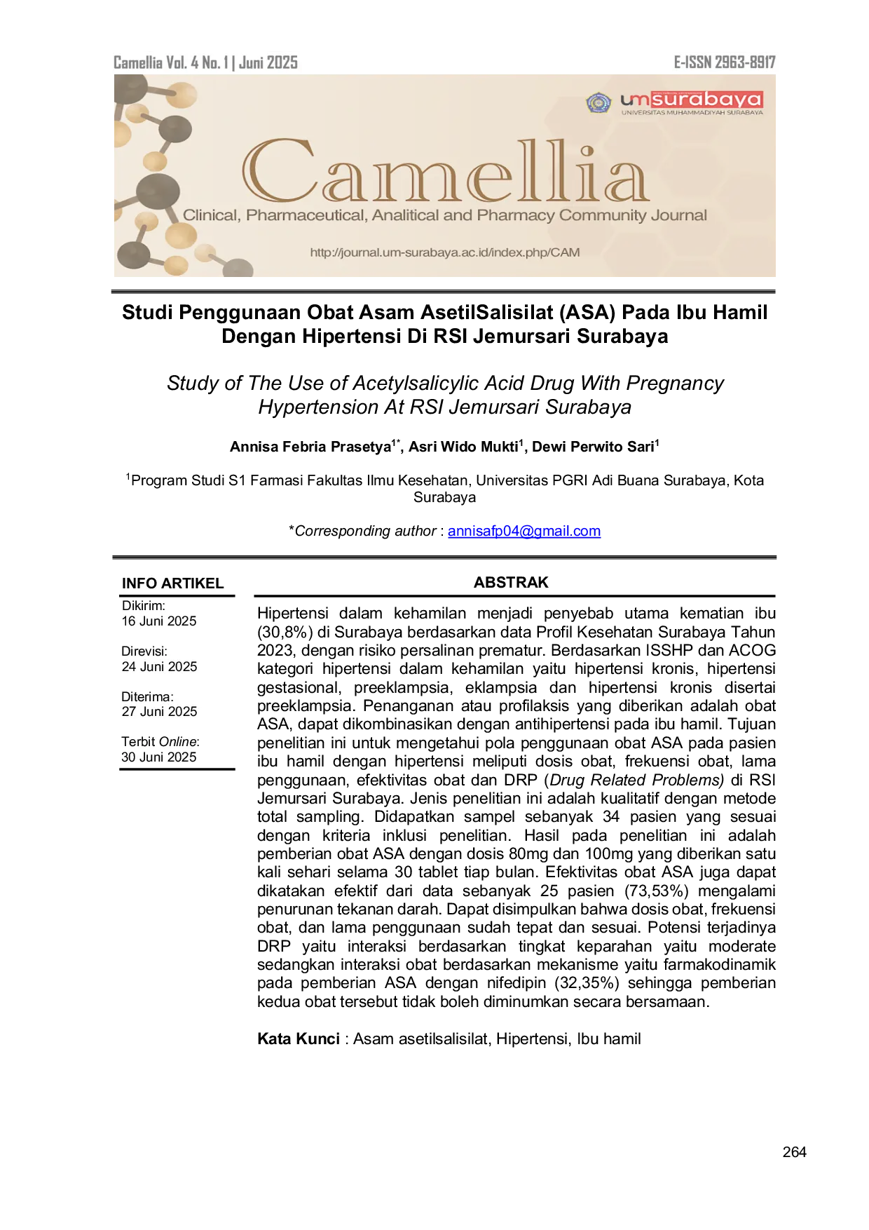 JURIS Studi Penggunaan Obat Asam Asetilsalisilat ASA Pada Ibu Hamil Dengan Hipertensi Di RSI Jemursari Surabaya