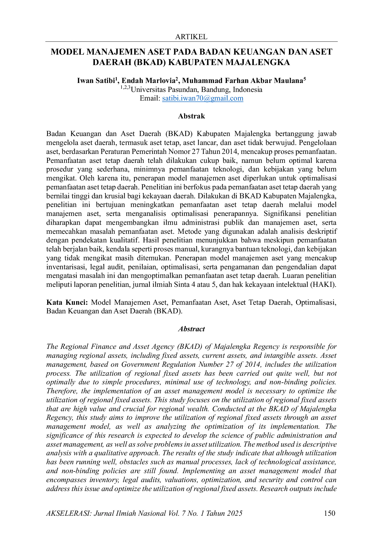 JURIS Model Manajemen Aset Pada Badan Keuangan Dan Aset Daerah Bkad Kabupaten Majalengka