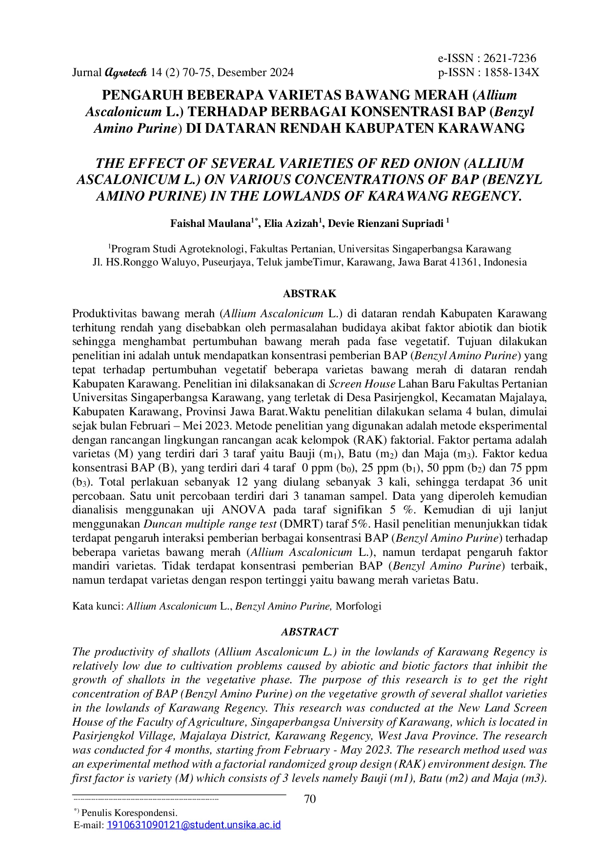 JURIS Pengaruh Beberapa Varietas Bawang Merah Allium Ascalonicum L Terhadap Berbagai Konsentrasi BAP Benzyl Amino Purine Di Dataran Rendah Kabupaten Karawang