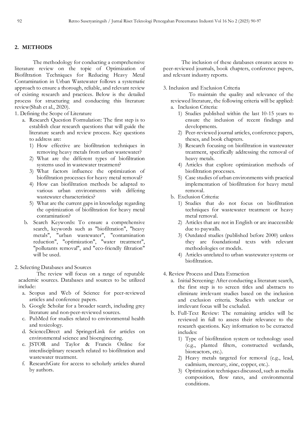 JURIS Optimization of Biofiltration Techniques for Reducing Heavy Metal Contamination in Urban Wastewater