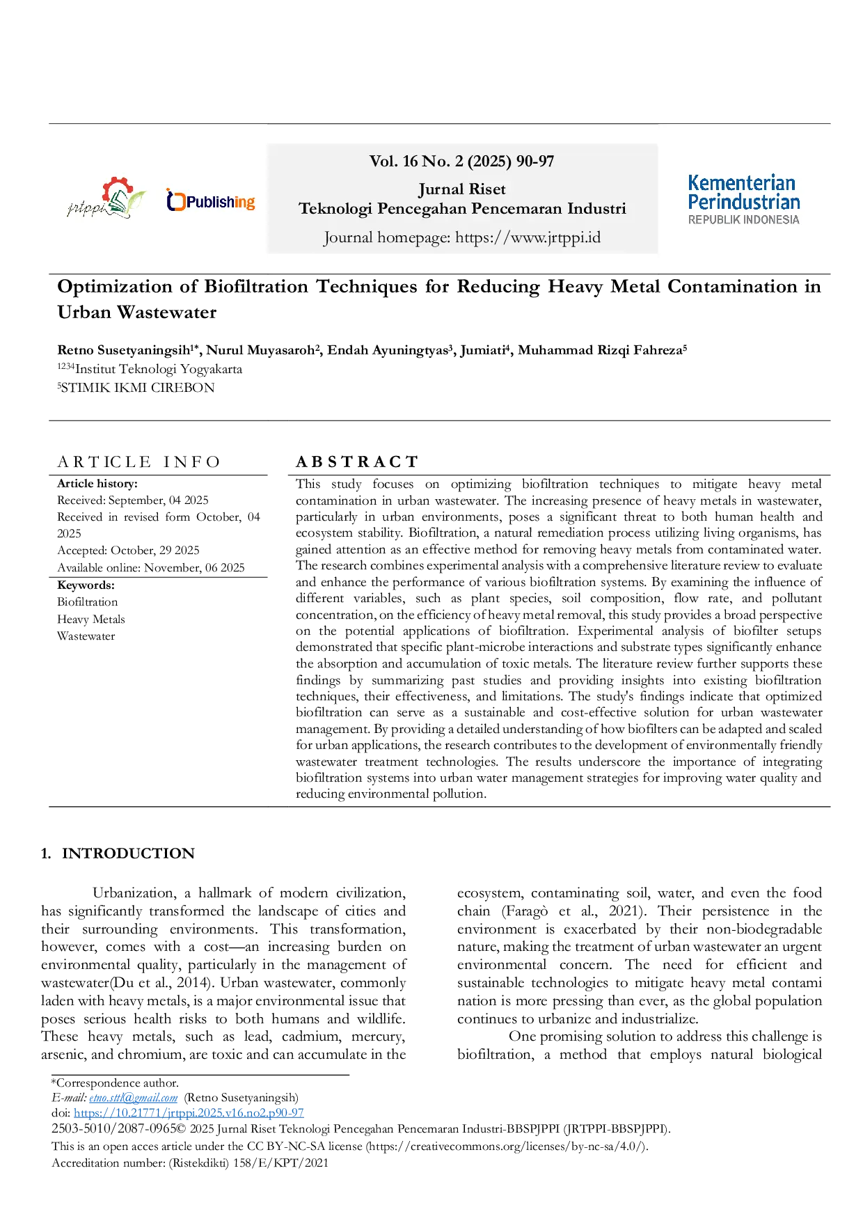 JURIS Optimization of Biofiltration Techniques for Reducing Heavy Metal Contamination in Urban Wastewater