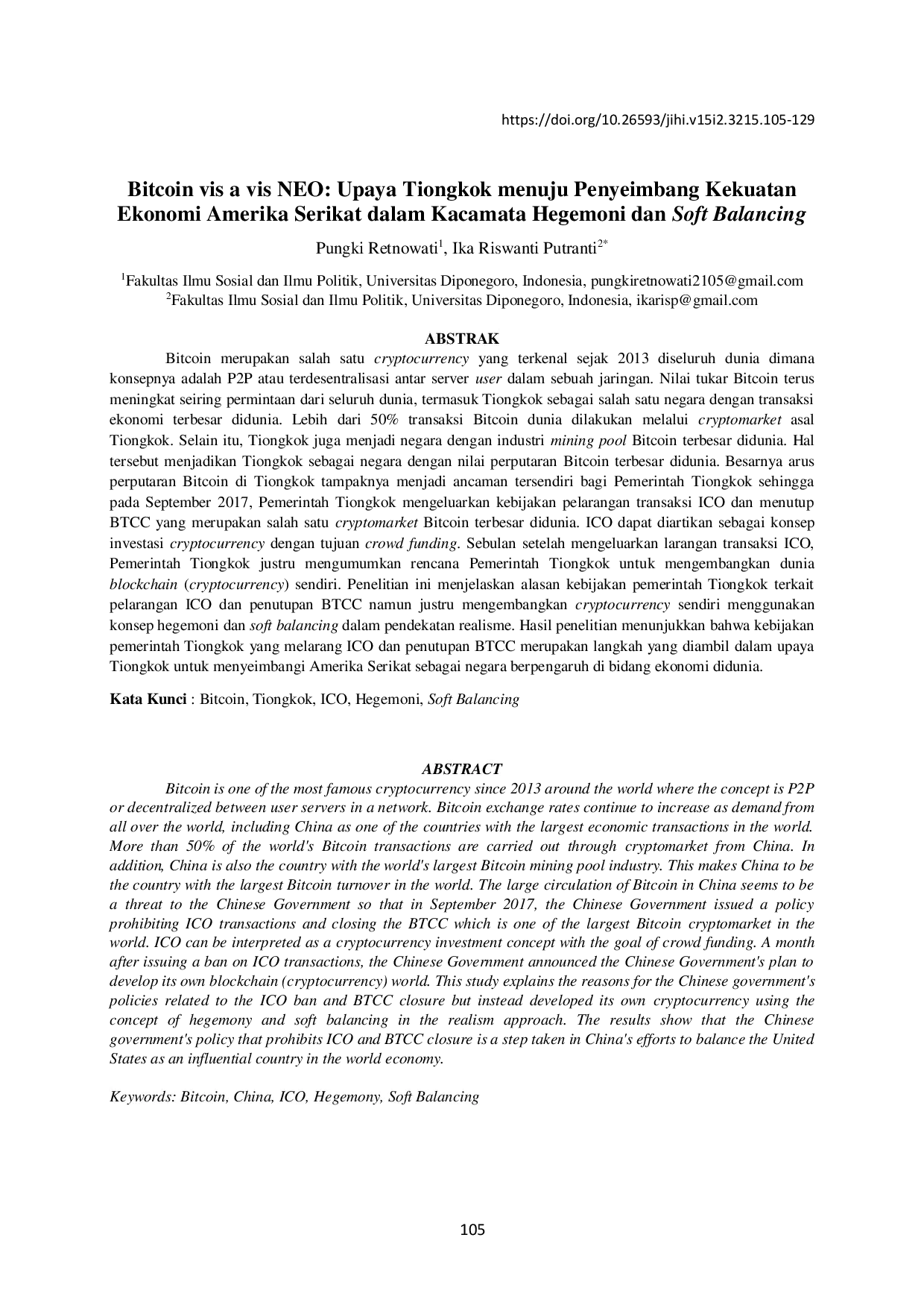 juris Bitcoin vis a vis NEO Upaya Tiongkok menuju Penyeimbang Kekuatan Ekonomi Amerika Serikat dalam Kacamata Hegemoni dan Soft Balancing