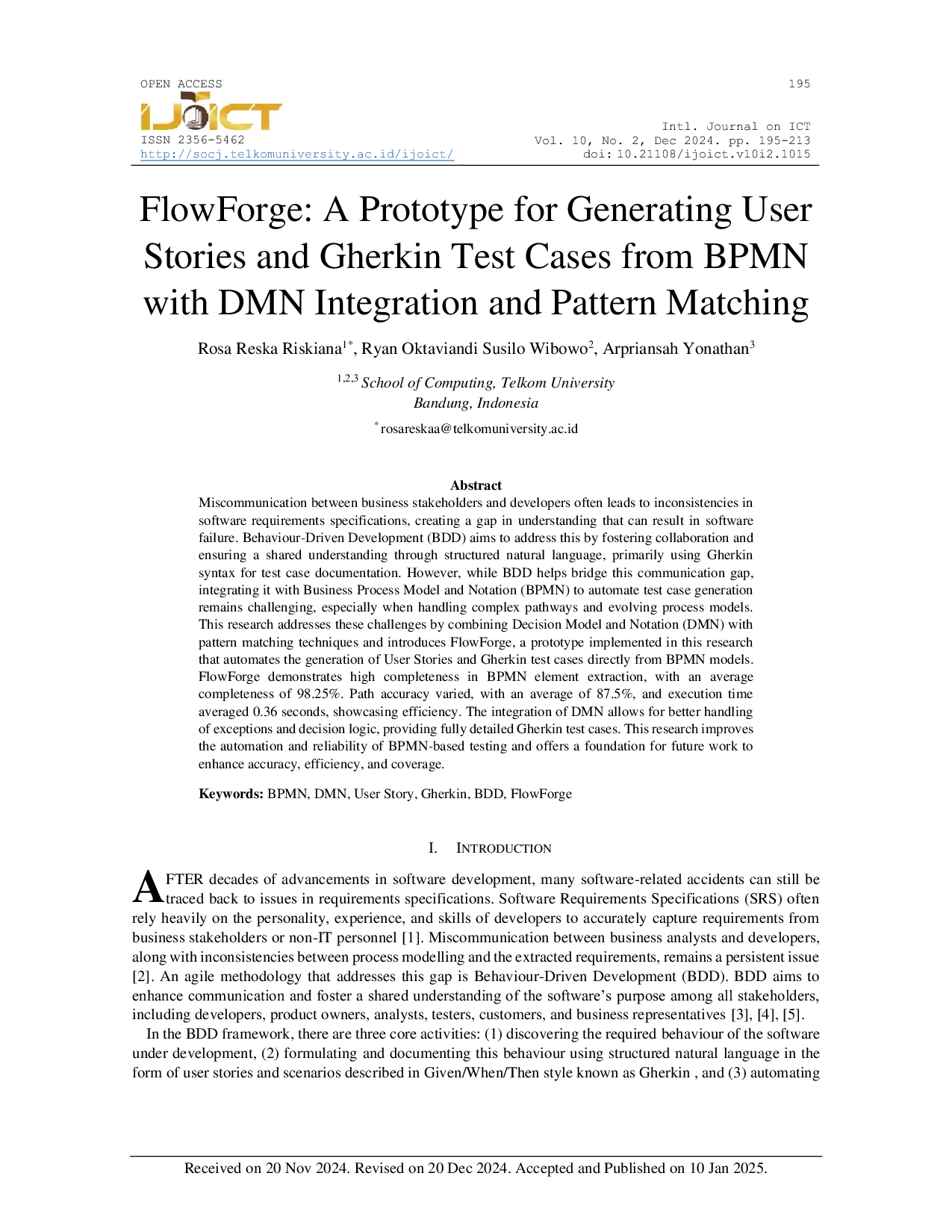 JURIS FlowForge A Prototype for Generating User Stories and Gherkin Test Cases from BPMN with DMN Integration and Pattern Matching