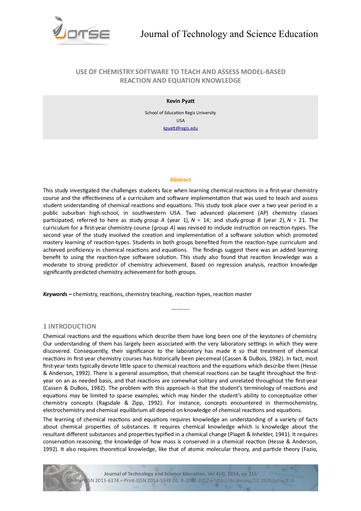 JURIS Use of Chemistry Software to Teach and Assess Model Based Reaction and Equation Knowledge