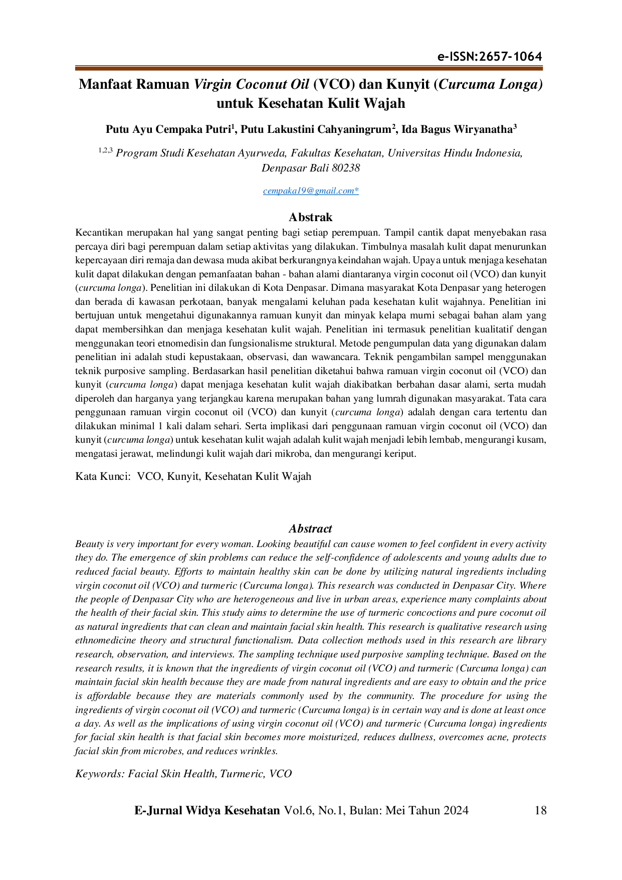 JURIS Manfaat ramuan virgin coconut oil VCO dan kunyit Curcuma longa untuk kesehatan kulit wajah Advantages of virgin coconut oil VCO and turmeric Curcuma longa for skin health