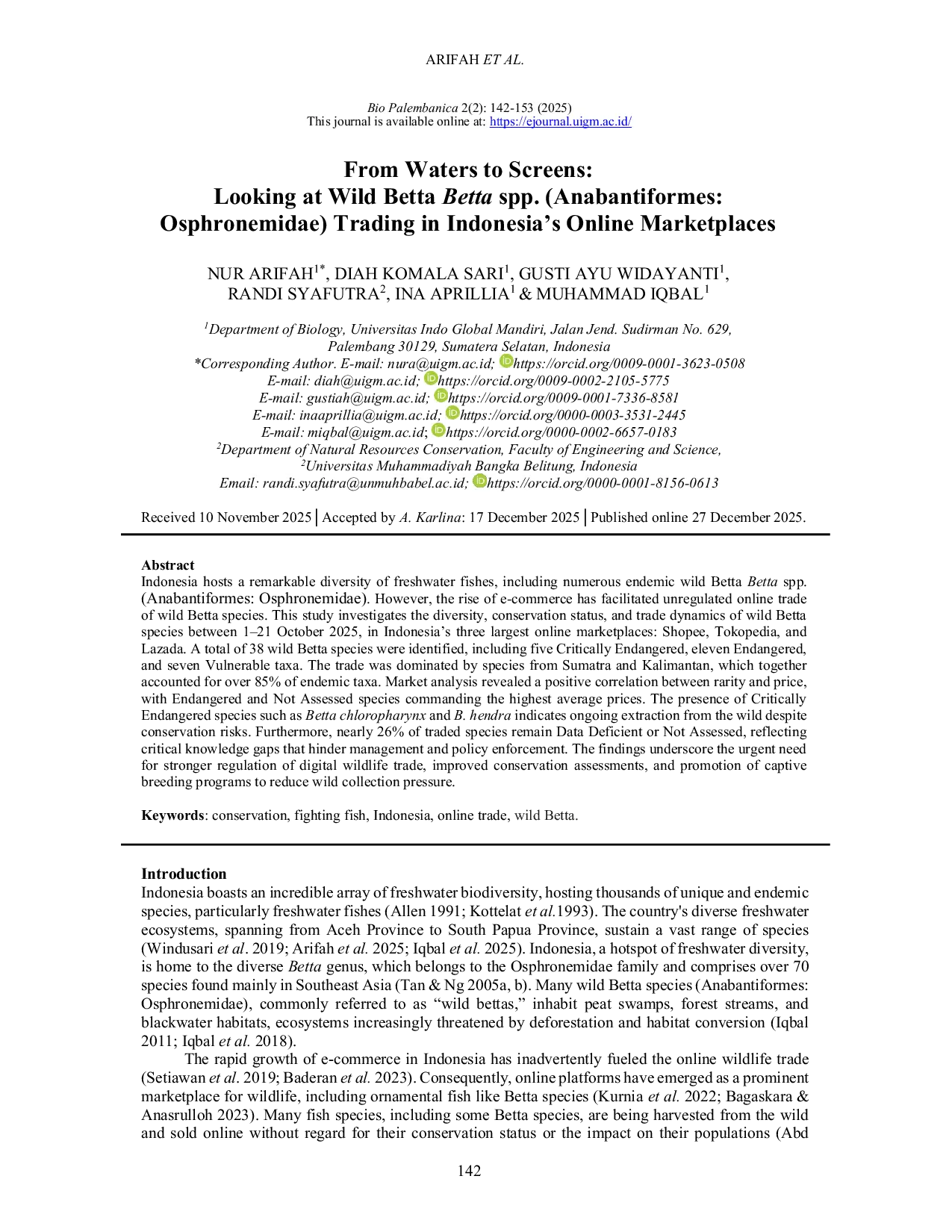 JURIS From Waters to Screens Wild Betta Betta spp Anabantiformes Osphronemidae Trading in Indonesia s Online Marketplaces
