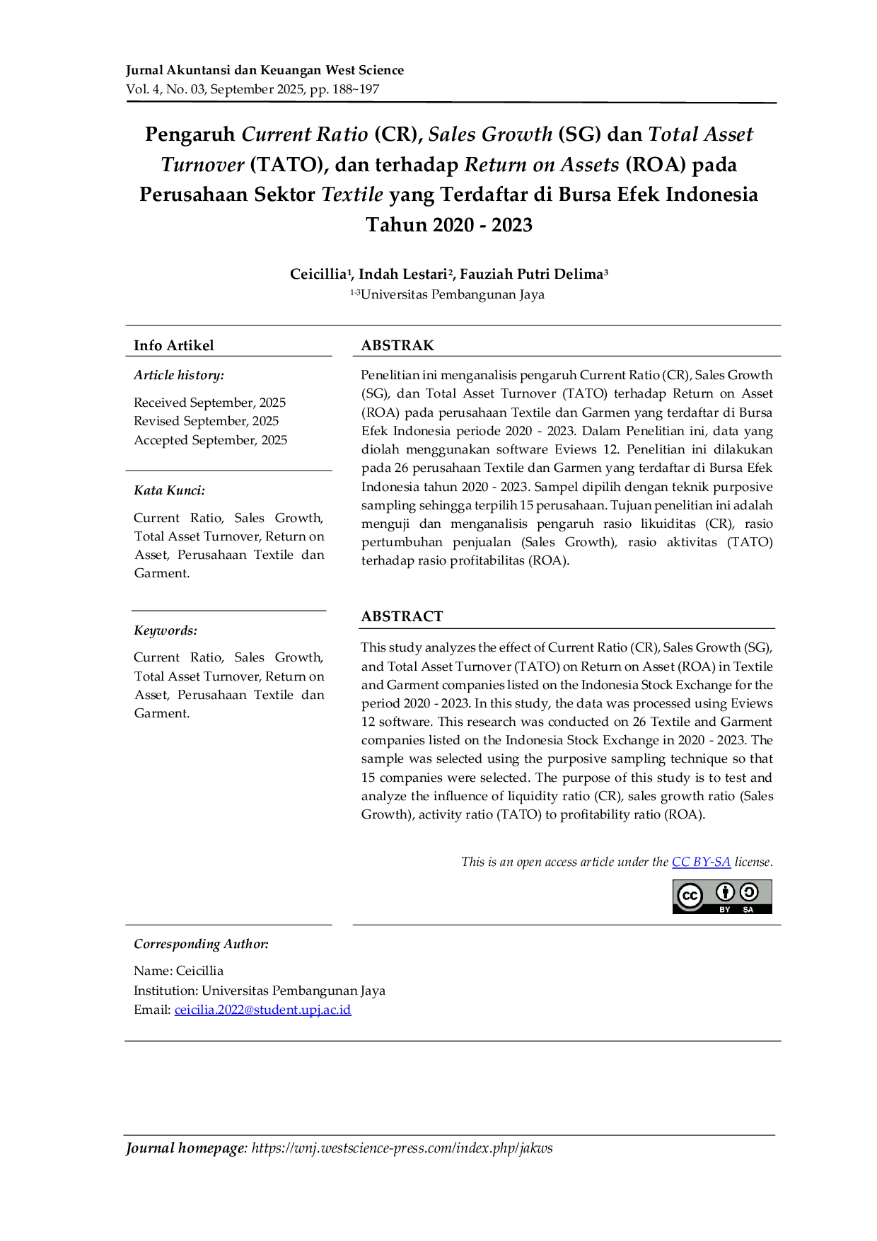 JURIS Pengaruh Current Ratio CR Sales Growth SG dan Total AssetTurnover TATO dan terhadap Return on Assets ROA padaPerusahaan Sektor Textile yang Terdaftar di Bursa Efek Indonesia Tahun 2020 2023