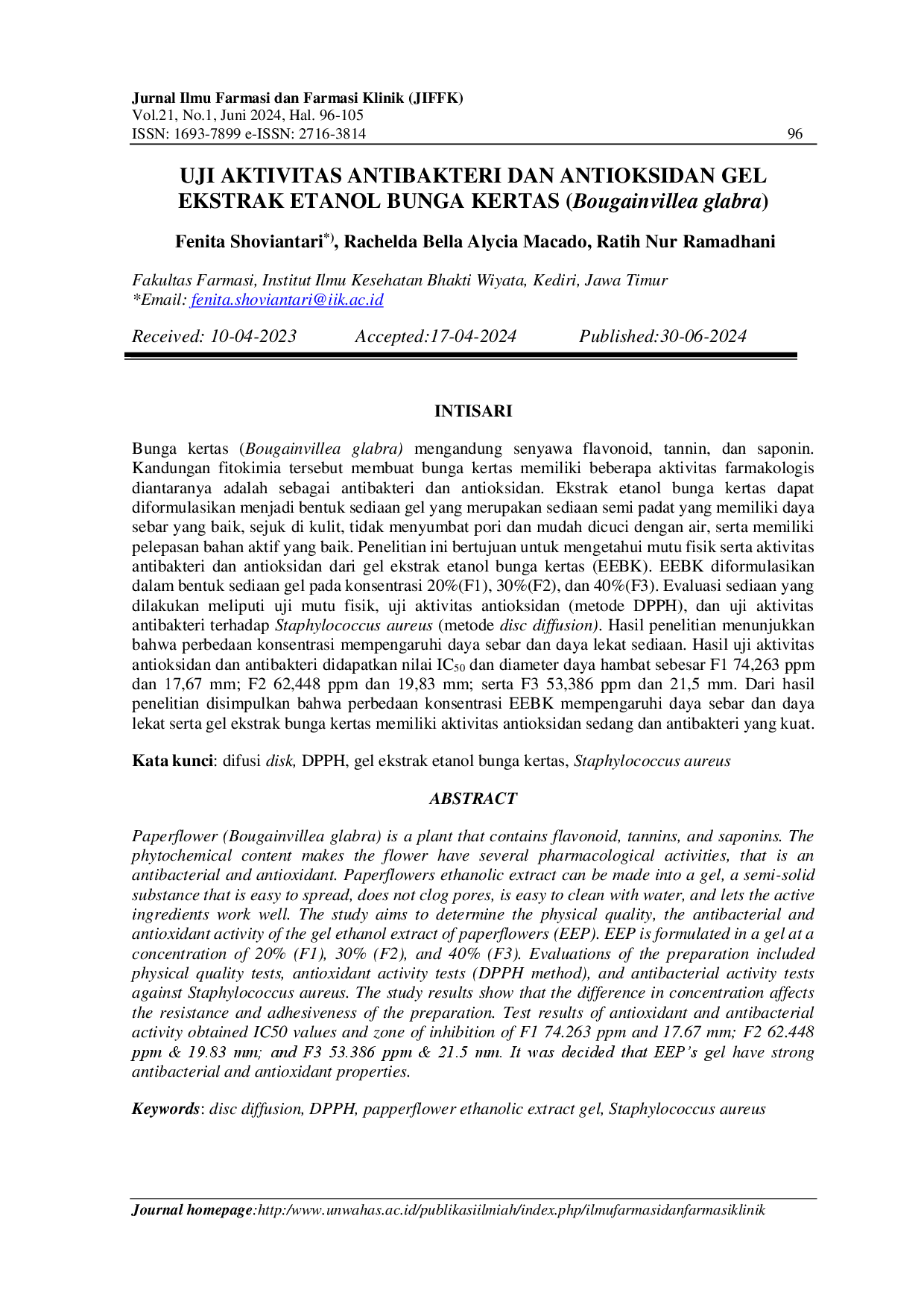 juris Uji Aktivitas Antibakteri Dan Antioxidan Gel Ekstrak Etanol Bunga Kertas Bougainvillea Glabra
