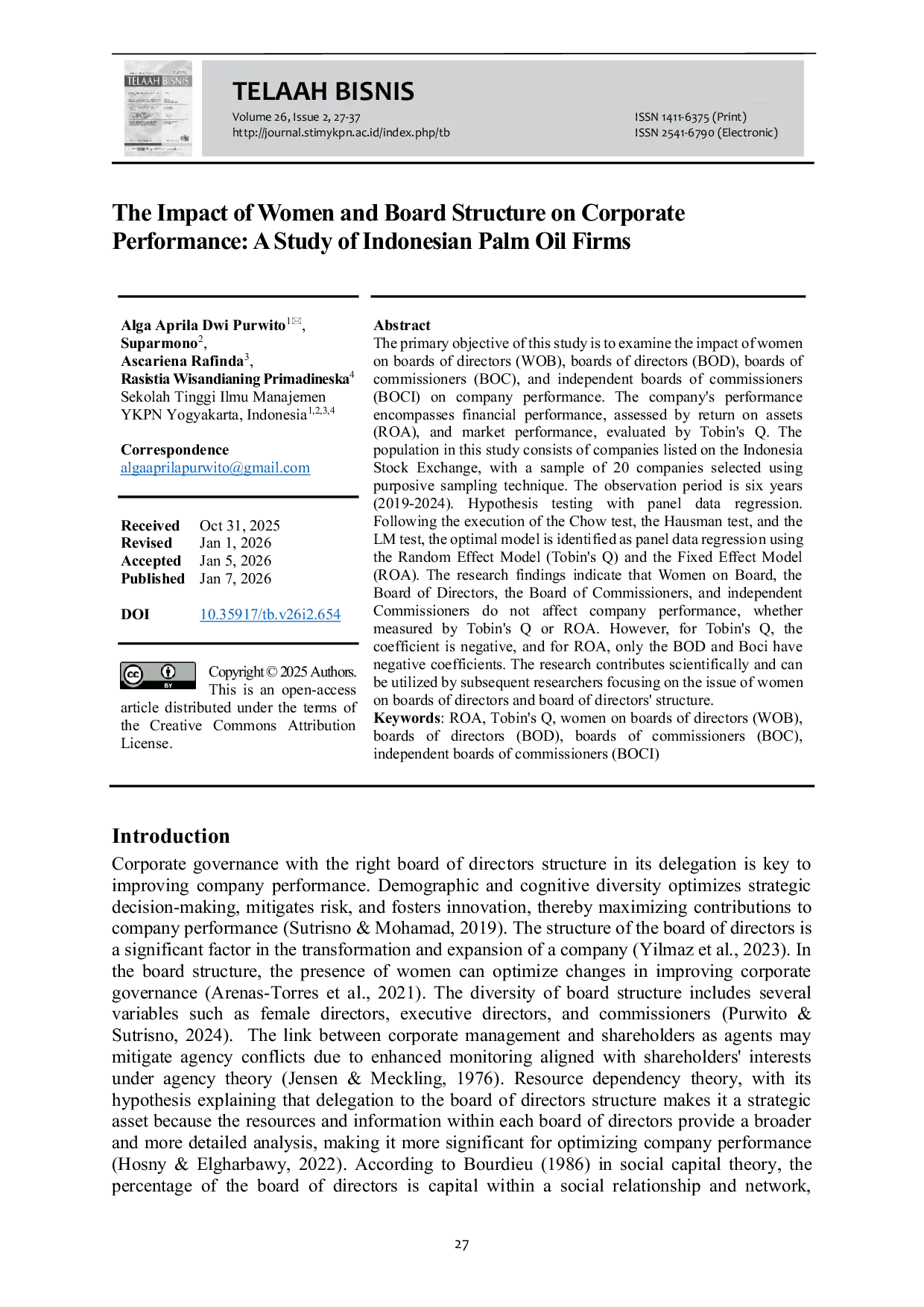 JURIS The The Impact of Women and Board Structure on Corporate Performance A Study of Indonesian Palm Oil Firms