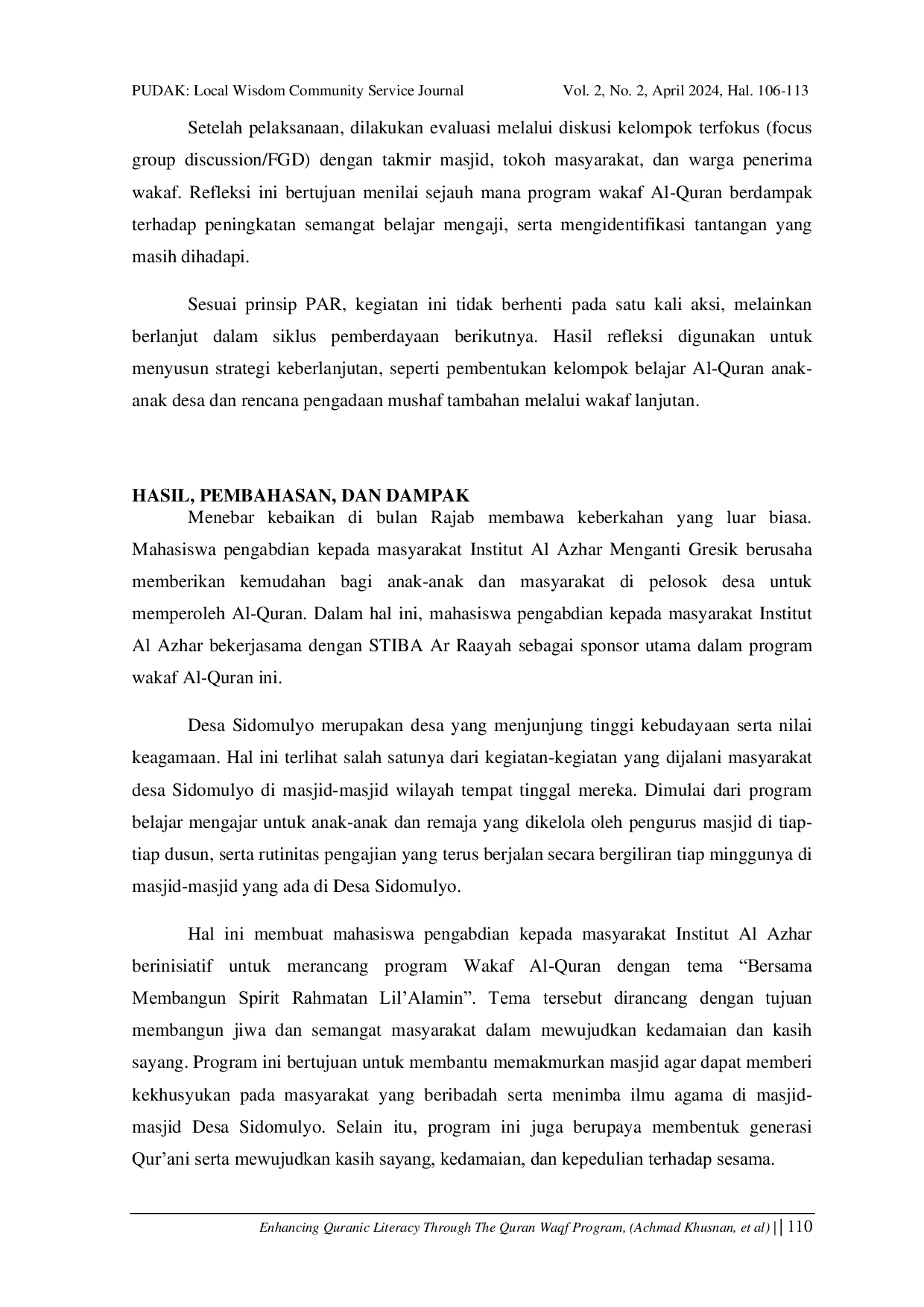 JURIS Enhancing Quranic Literacy Through The Quran Waqf Program A Case Study In Sidomulyo Lamongan