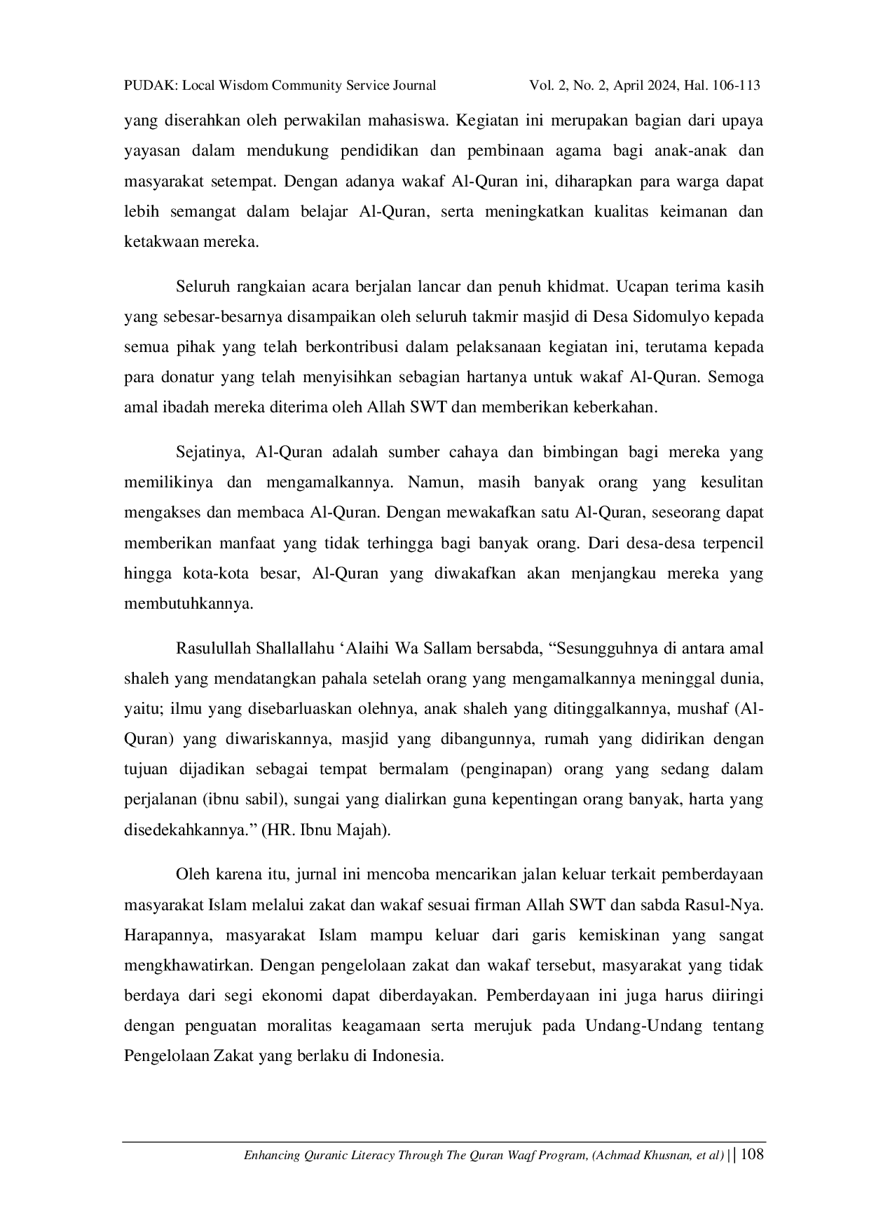 JURIS Enhancing Quranic Literacy Through The Quran Waqf Program A Case Study In Sidomulyo Lamongan