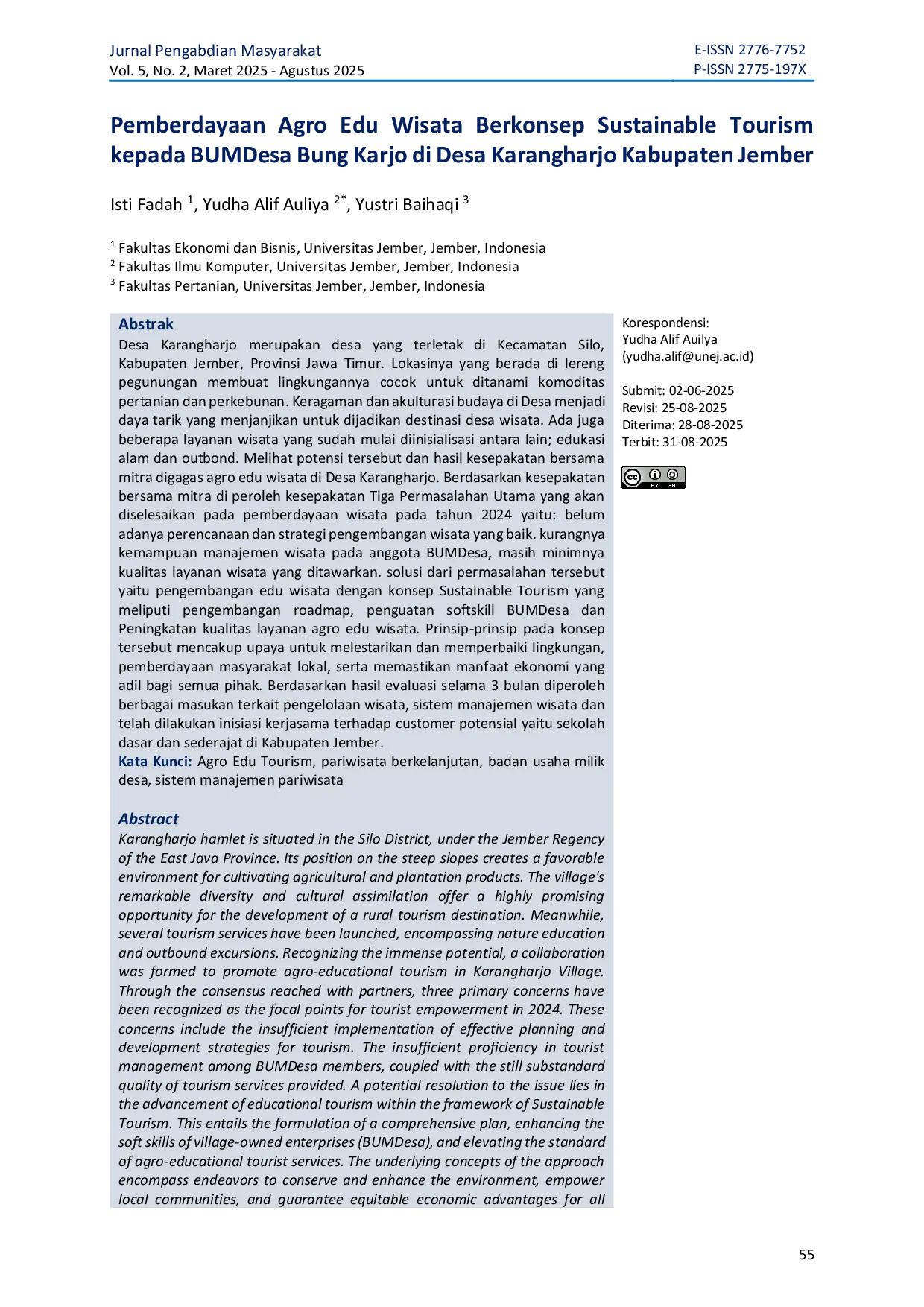 JURIS Pemberdayaan Agro Edu Wisata Berkonsep Sustainable Tourism Kepada Bumdesa Bung Karjo Di Desa Karangharjo Kabupaten Jember