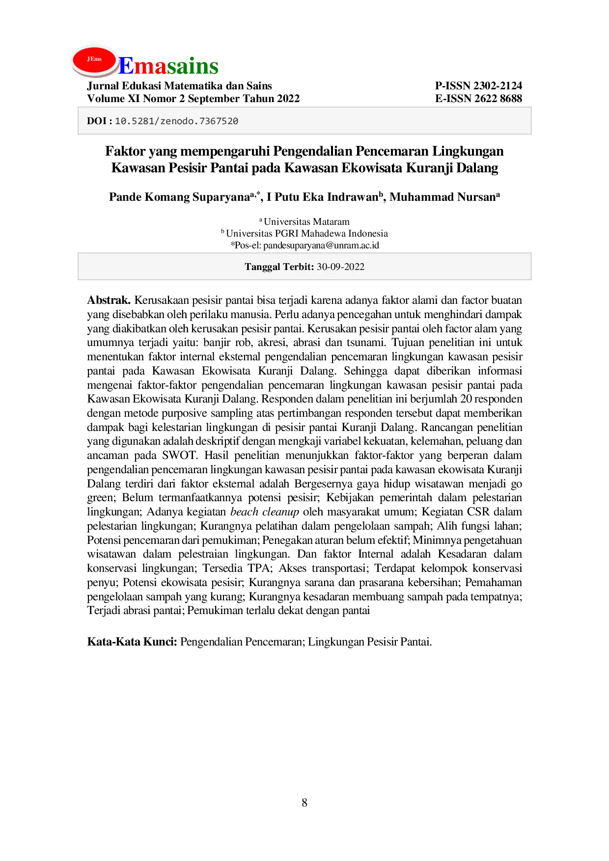 JURIS Faktor yang mempengaruhi Pengendalian Pencemaran Lingkungan Kawasan Pesisir Pantai pada Kawasan Ekowisata Kuranji Dalang