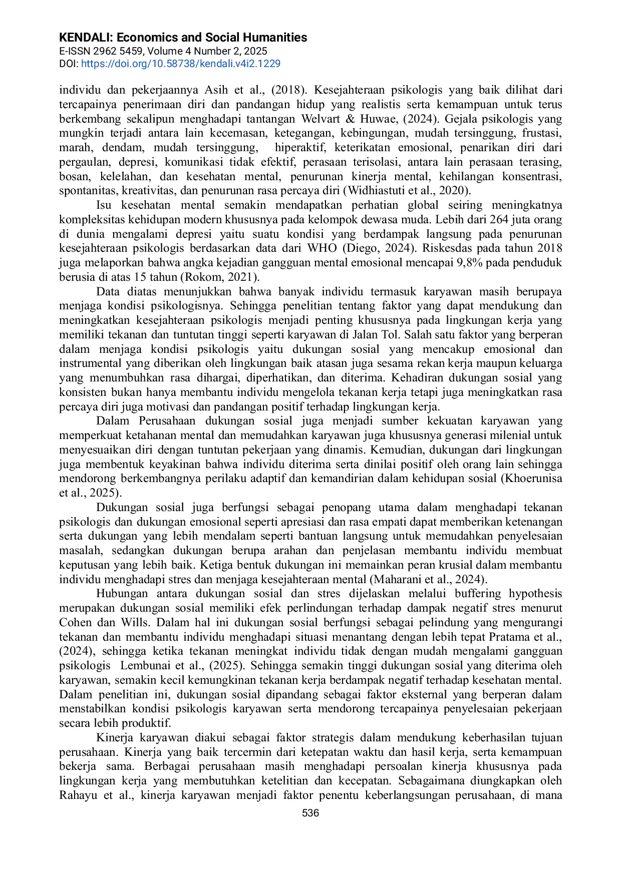 JURIS Kesejahteraan Psikologis Dan Dukungan Sosial Dalam Meningkatkan Kinerja Karyawan Milenial JMTO