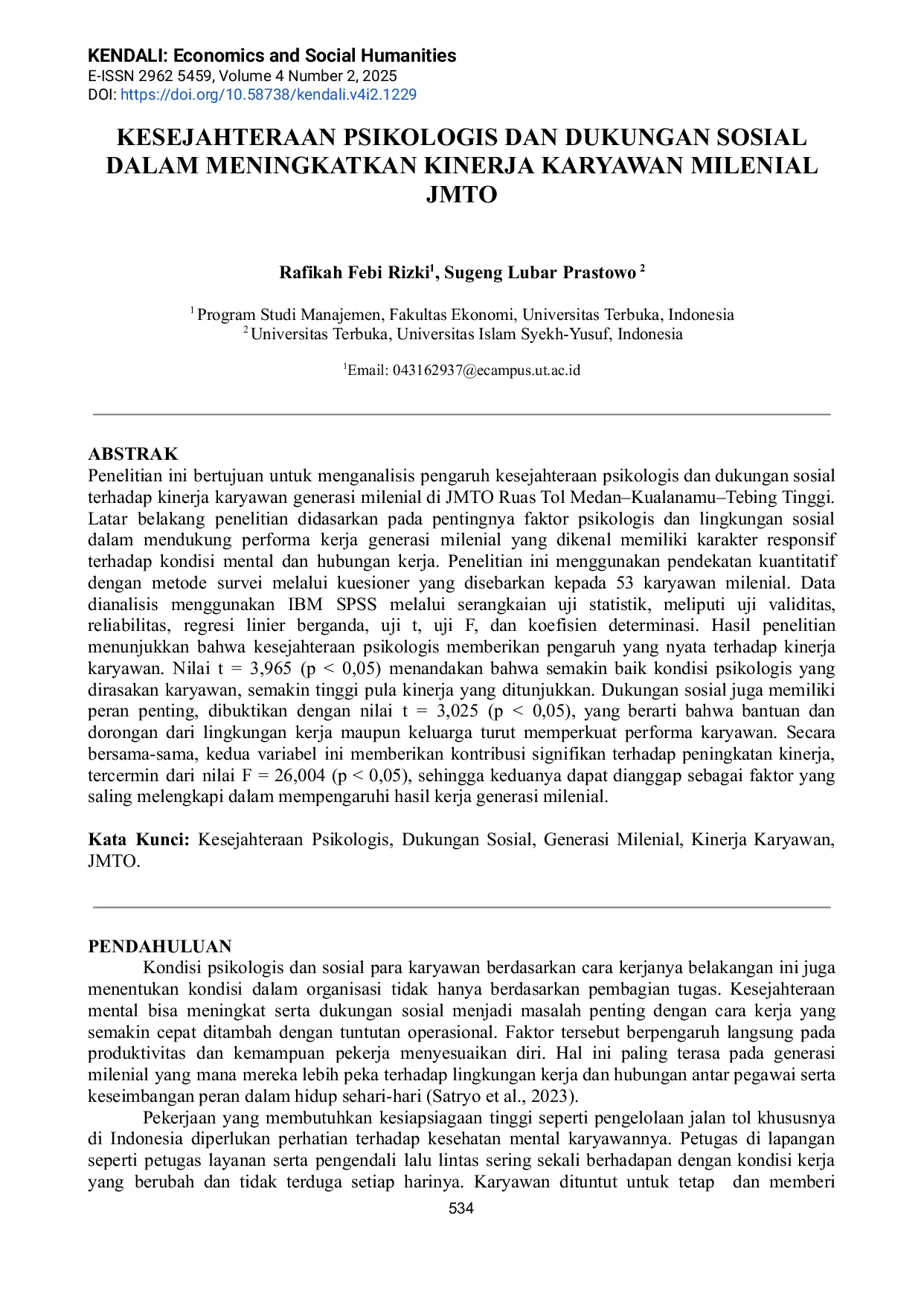 JURIS Kesejahteraan Psikologis Dan Dukungan Sosial Dalam Meningkatkan Kinerja Karyawan Milenial JMTO