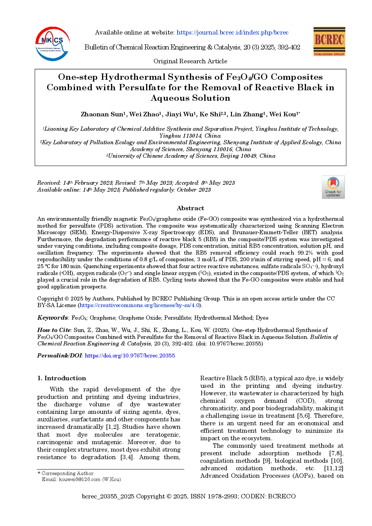 juris One Step Hydrothermal Synthesis of Fe3O4 GO Composites Combined with Persulfate for the Removal of Reactive Black in Aqueous Solution