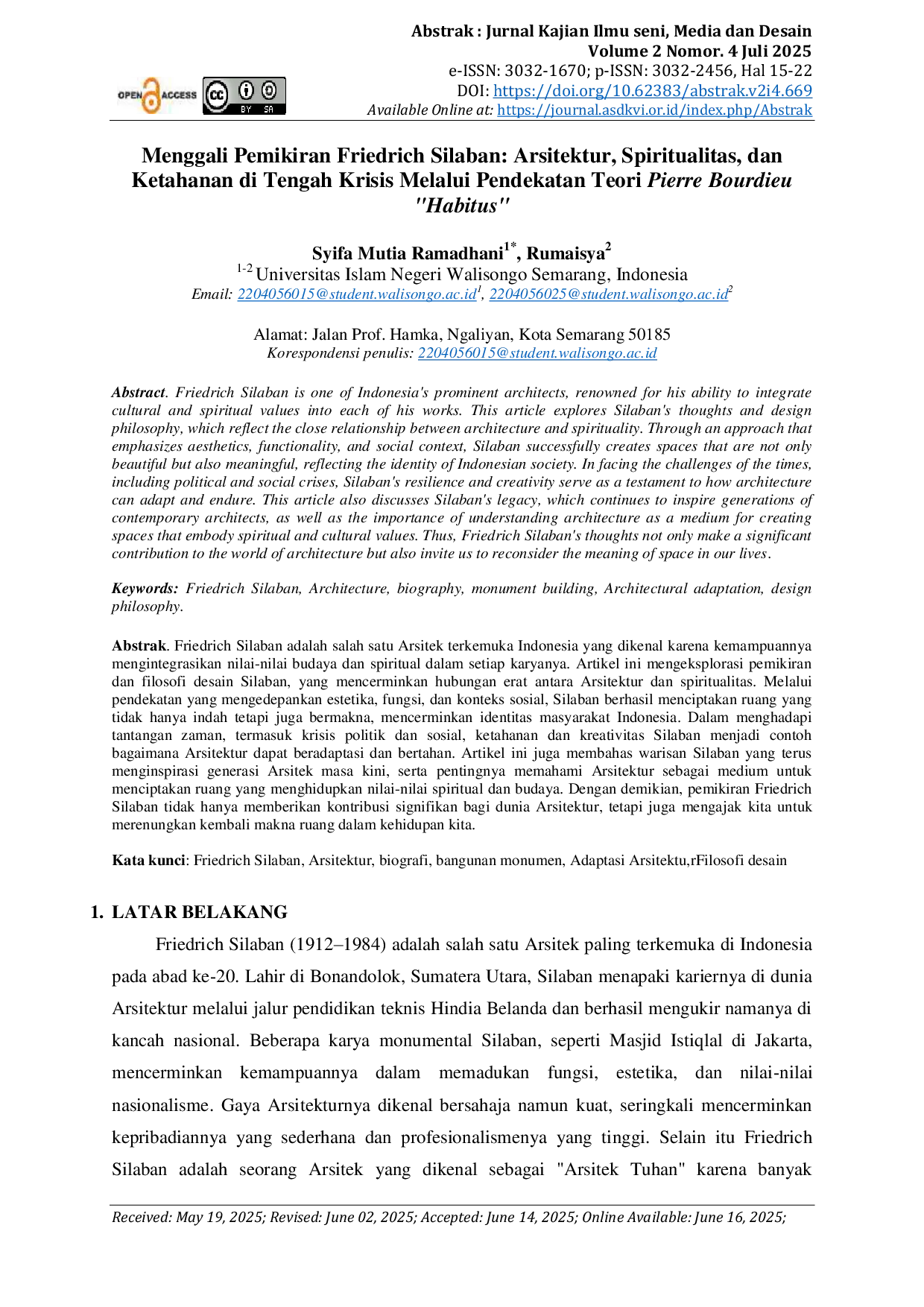 JURIS Menggali Pemikiran Friedrich Silaban Arsitektur Spiritualitas dan Ketahanan di Tengah Krisis Melalui Pendekatan Teori Pierre Bourdieu Habitus