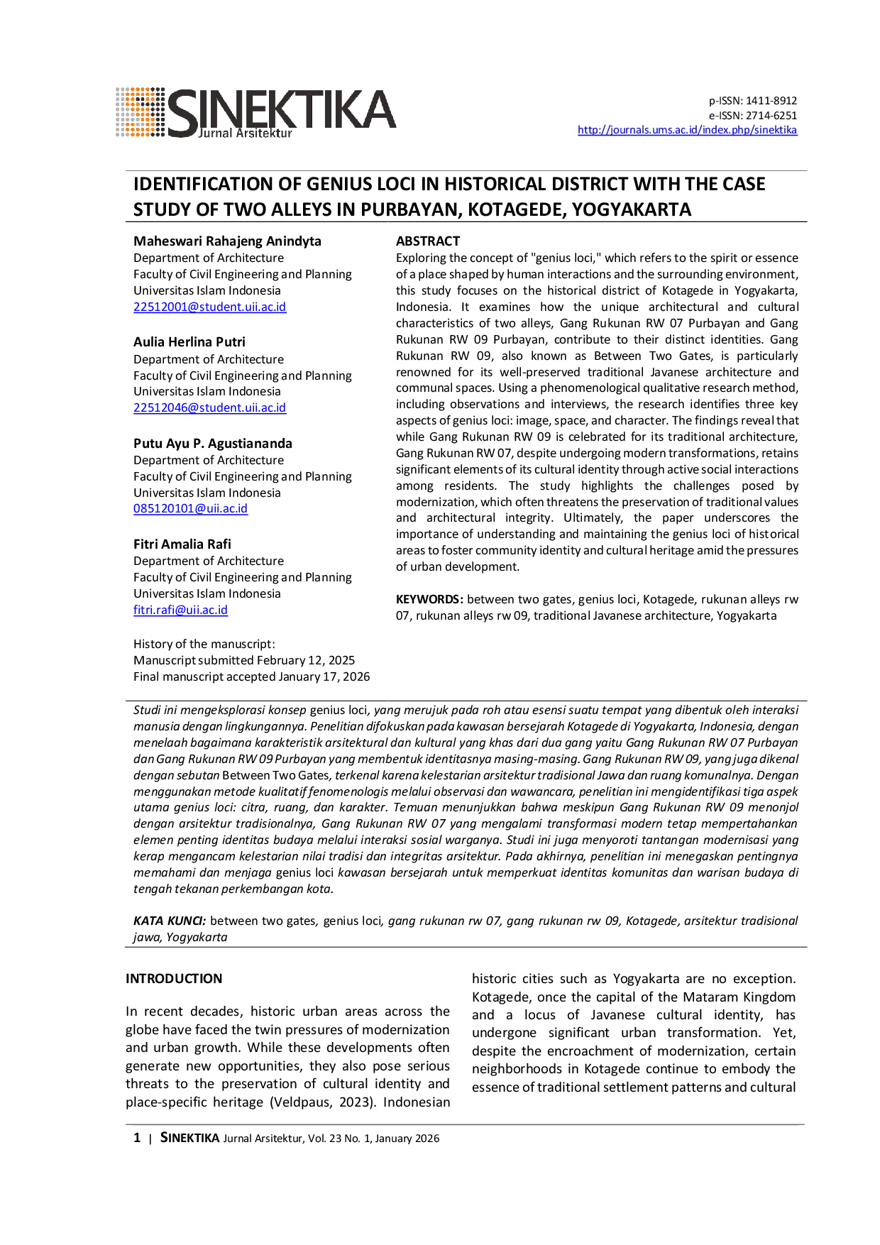 JURIS Identification of Genius Loci in Historical District with The Case Study of Two Alleys in Purbayan Kotagede Yogyakarta