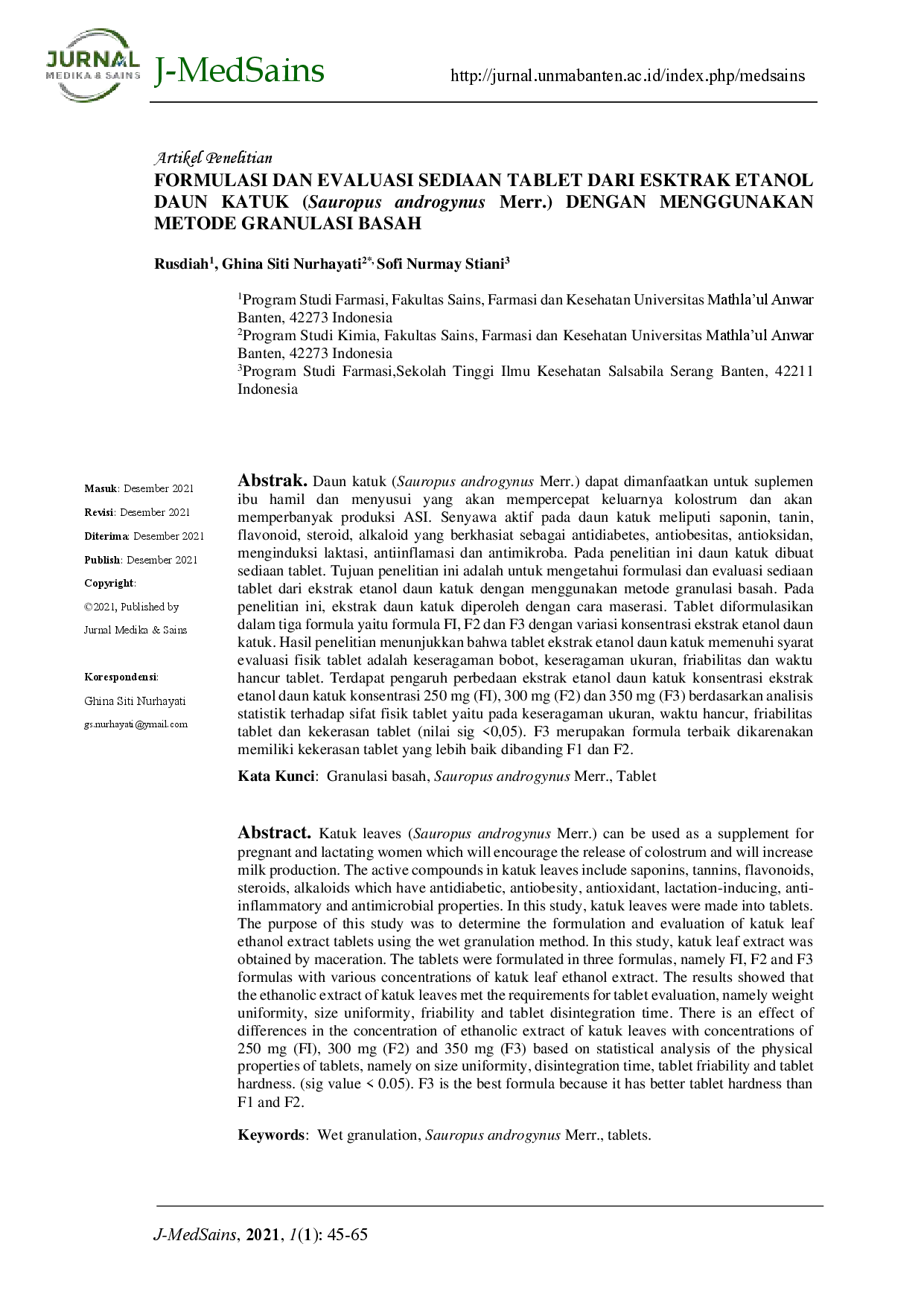 juris Formulasi Dan Evaluasi Sediaan Tablet Dari Ekstrak Etanol Daun Katuk Sauropus Androgynus Merr Dengan Metode Granulasi Basah