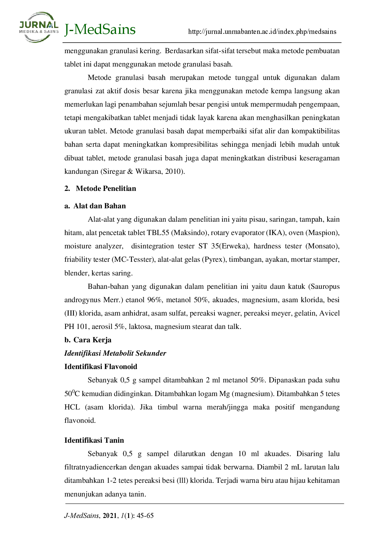 juris Formulasi Dan Evaluasi Sediaan Tablet Dari Ekstrak Etanol Daun Katuk Sauropus Androgynus Merr Dengan Metode Granulasi Basah