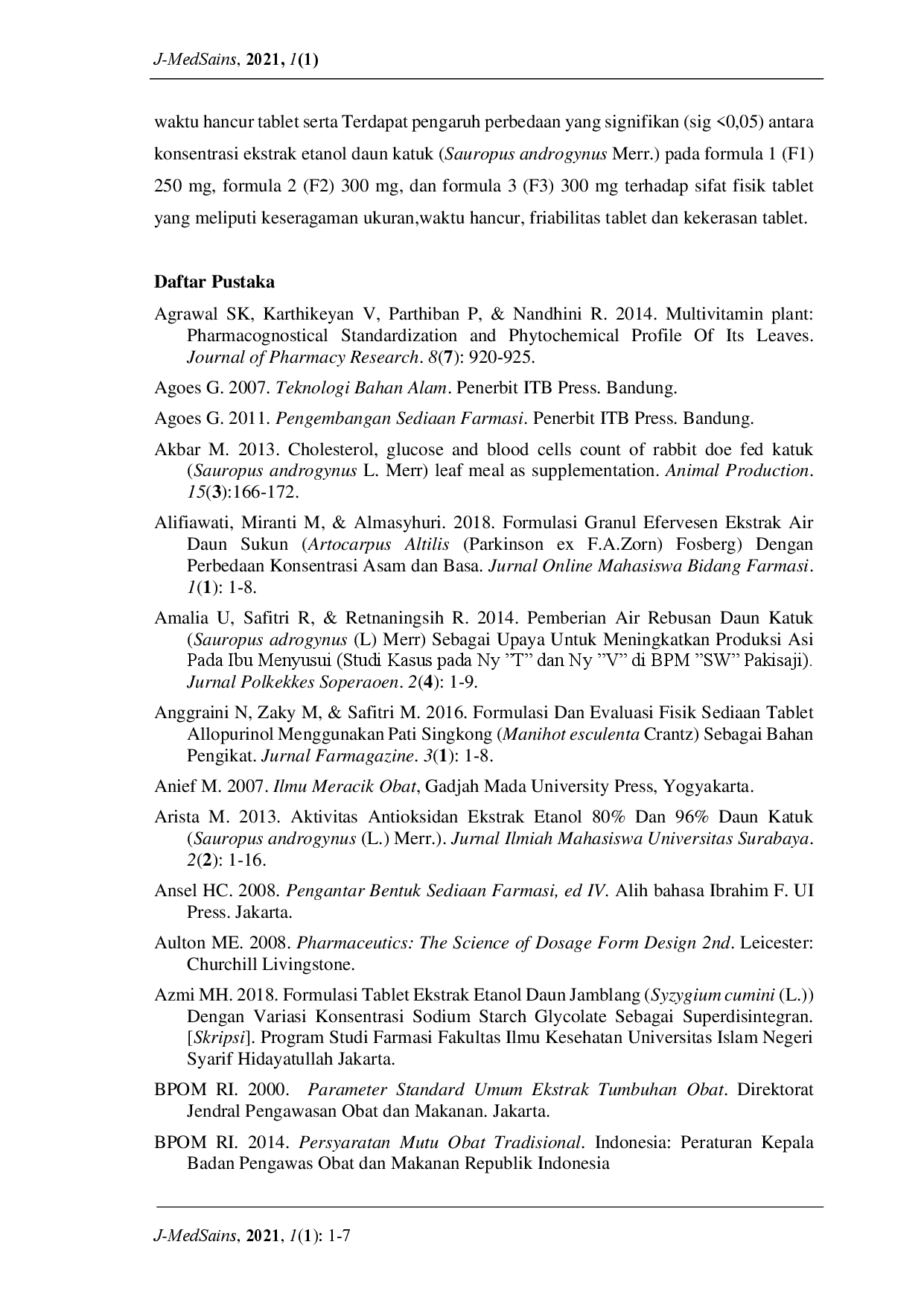 juris Formulasi Dan Evaluasi Sediaan Tablet Dari Ekstrak Etanol Daun Katuk Sauropus Androgynus Merr Dengan Metode Granulasi Basah