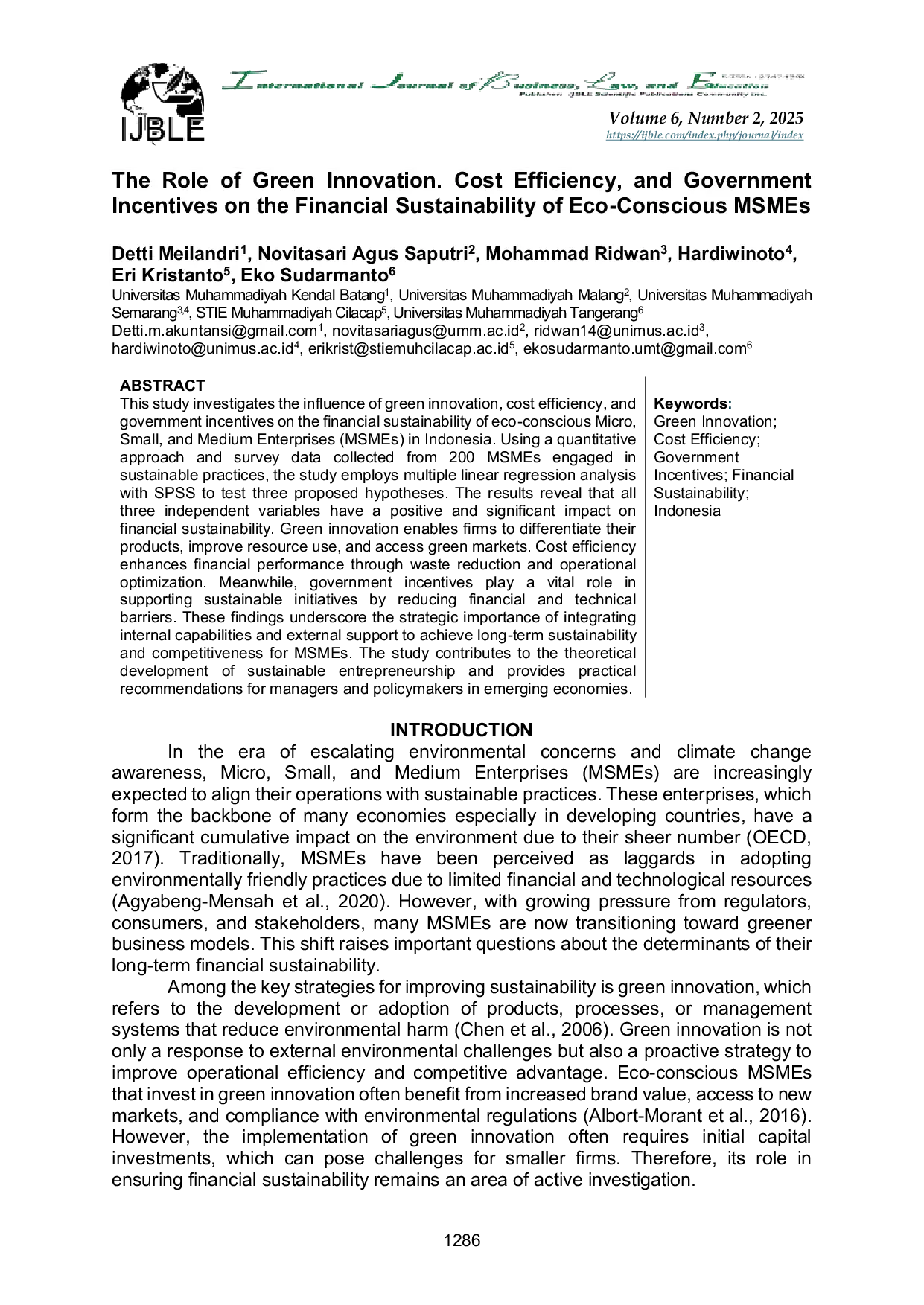 JURIS The Role of Green Innovation Cost Efficiency and Government Incentives on the Financial Sustainability of Eco Conscious MSMEs