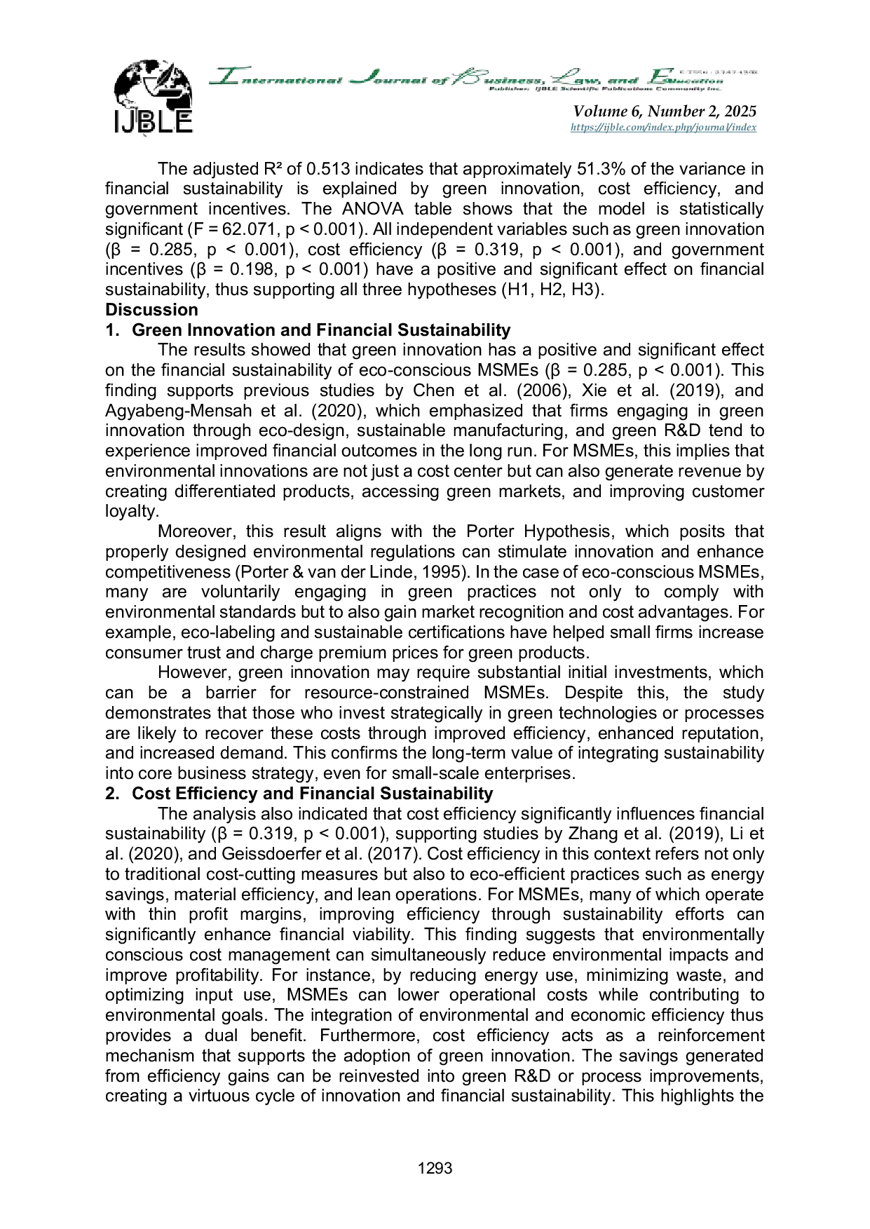 JURIS The Role of Green Innovation Cost Efficiency and Government Incentives on the Financial Sustainability of Eco Conscious MSMEs
