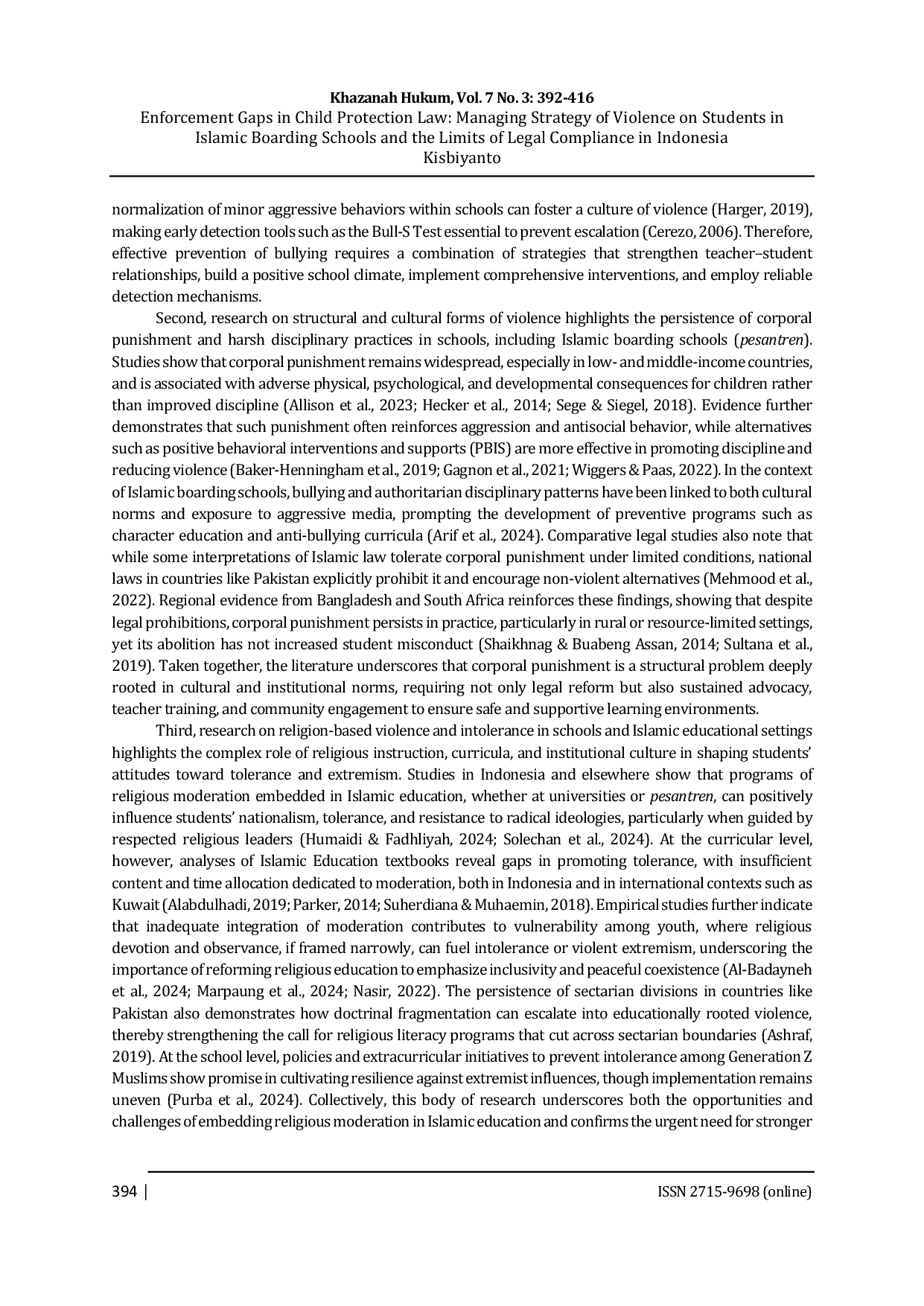 JURIS Enforcement Gaps in Child Protection Law Managing Strategy of Violence on Students in Islamic Boarding Schools and the Limits of Legal Compliance in Indonesia