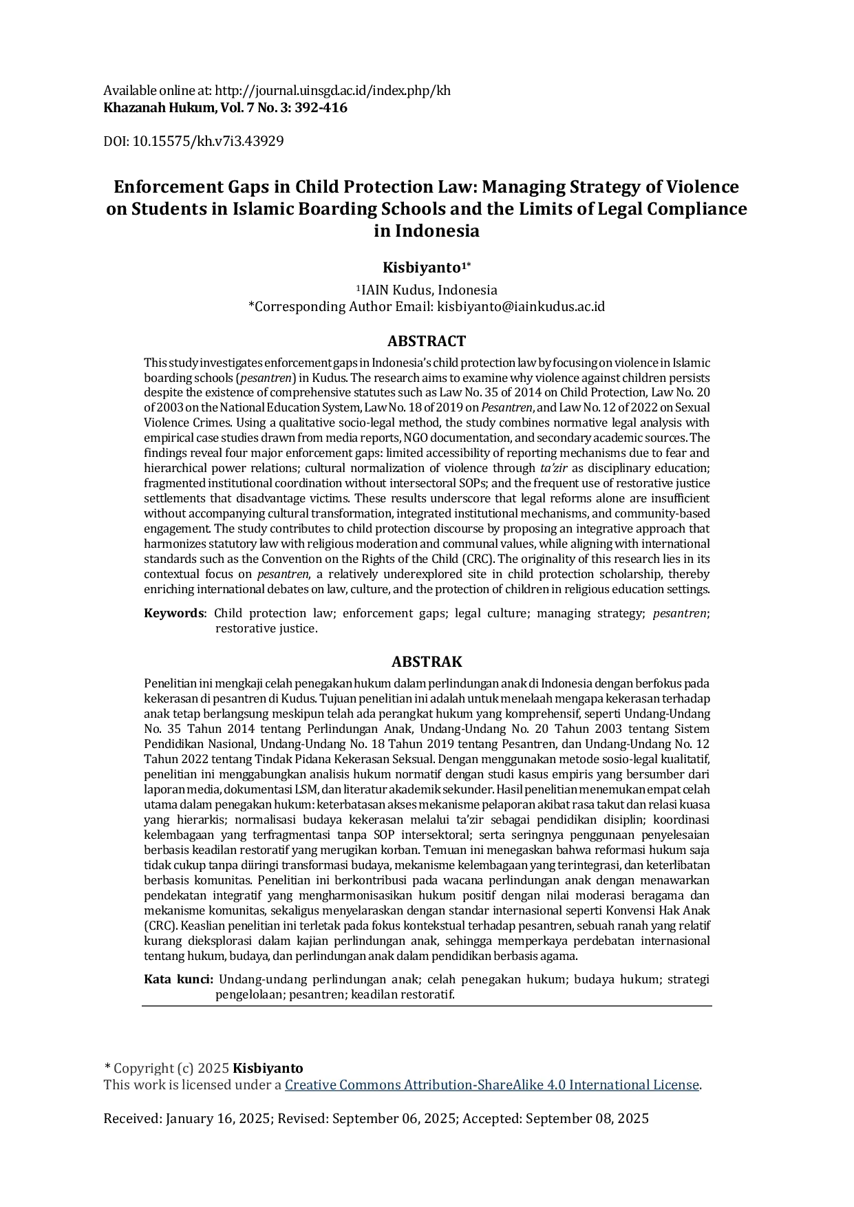 JURIS Enforcement Gaps in Child Protection Law Managing Strategy of Violence on Students in Islamic Boarding Schools and the Limits of Legal Compliance in Indonesia