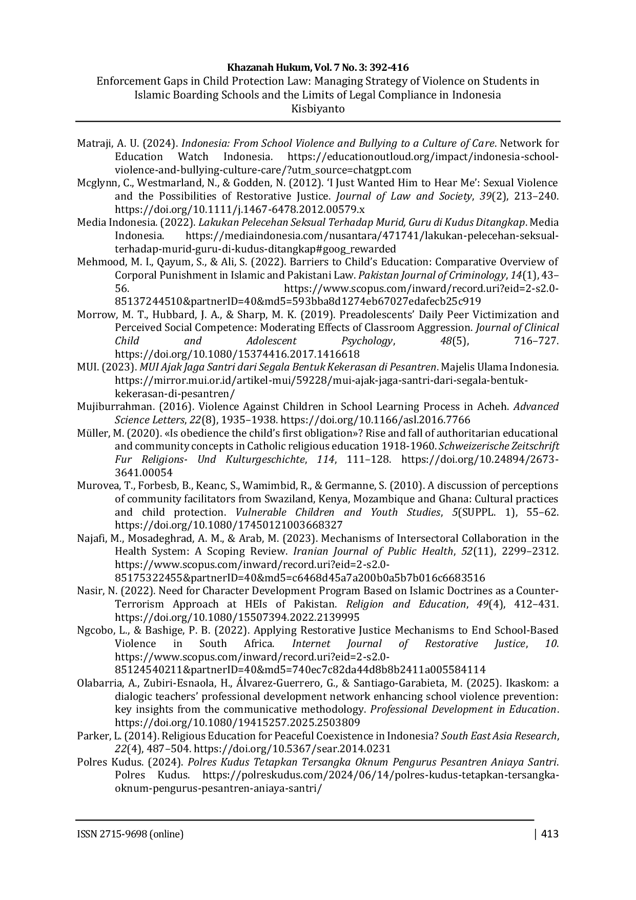 JURIS Enforcement Gaps in Child Protection Law Managing Strategy of Violence on Students in Islamic Boarding Schools and the Limits of Legal Compliance in Indonesia