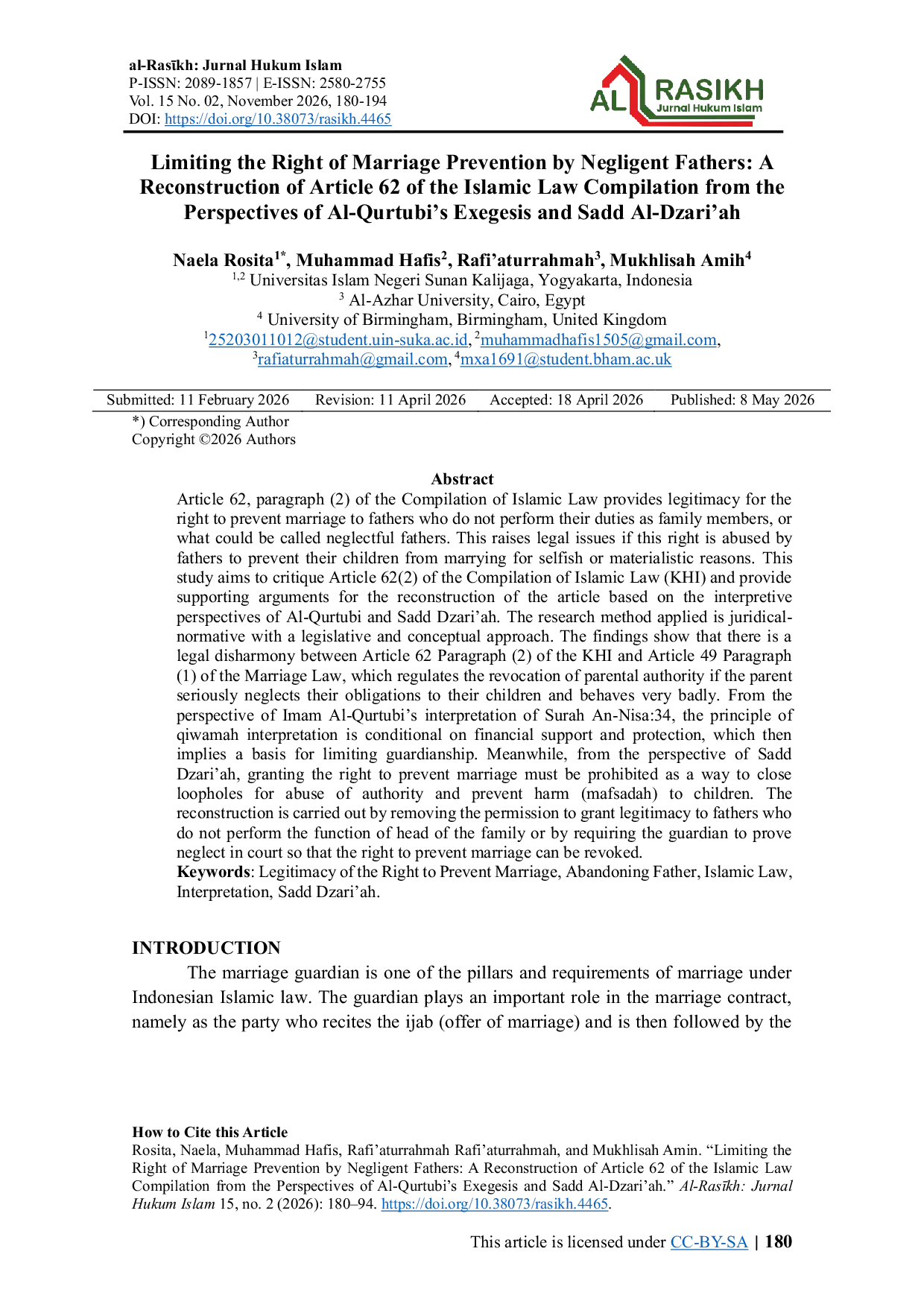 JURIS Limiting the Right of Marriage Prevention by Negligent Fathers A Reconstruction of Article 62 of the Islamic Law Compilation from the Perspectives of Al Qurtubi s Exegesis and Sadd Al Dzari ah
