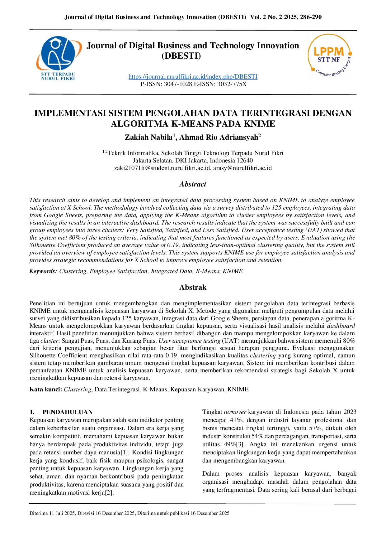 JURIS Implementasi Sistem Pengolahan Data Terintegrasi dengan Algoritma K Means pada KNIME