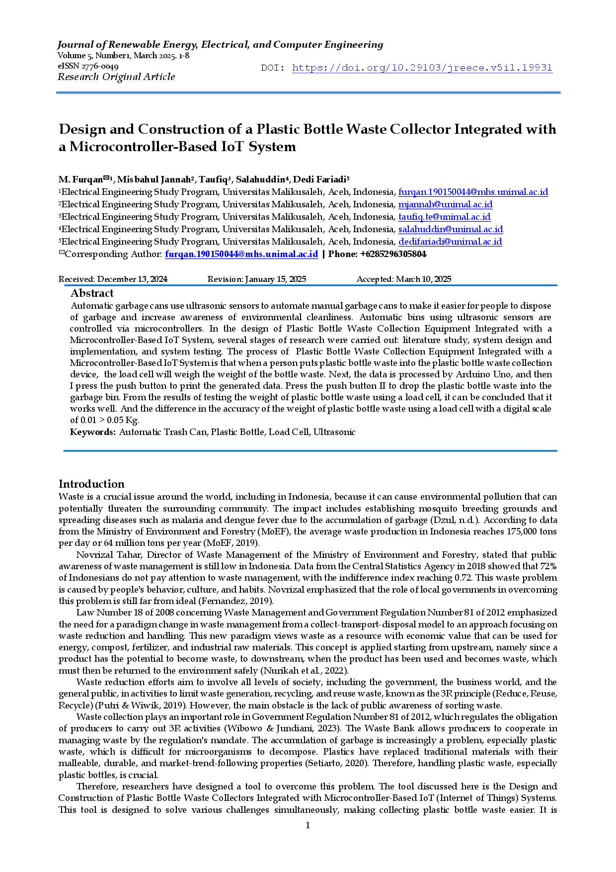 juris Design and Construction of a Plastic Bottle Waste Collector Integrated with a Microcontroller Based IoT System