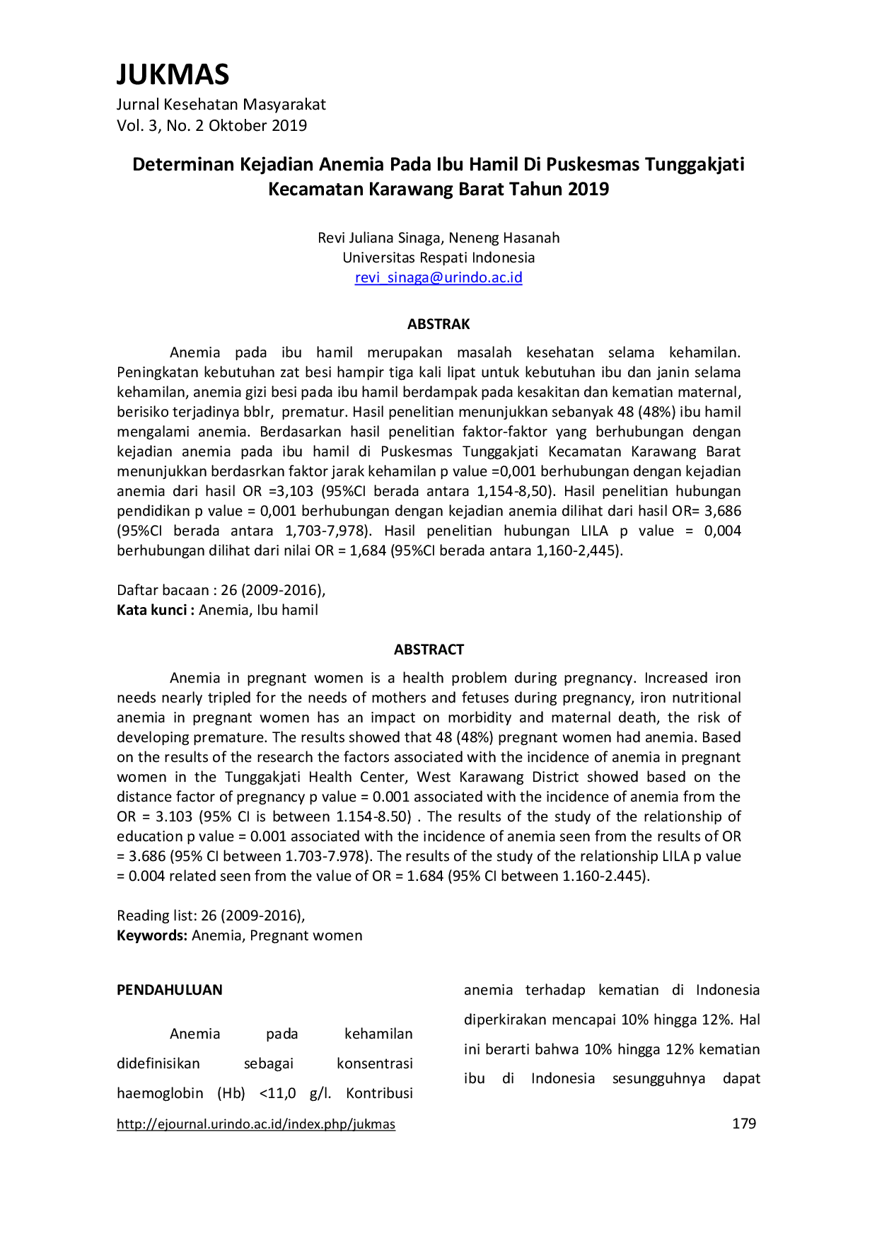 JURIS Determinan Kejadian Anemia Pada Ibu Hamil Di Puskesmas Tunggakjati Kecamatan Karawang Barat Tahun 2019