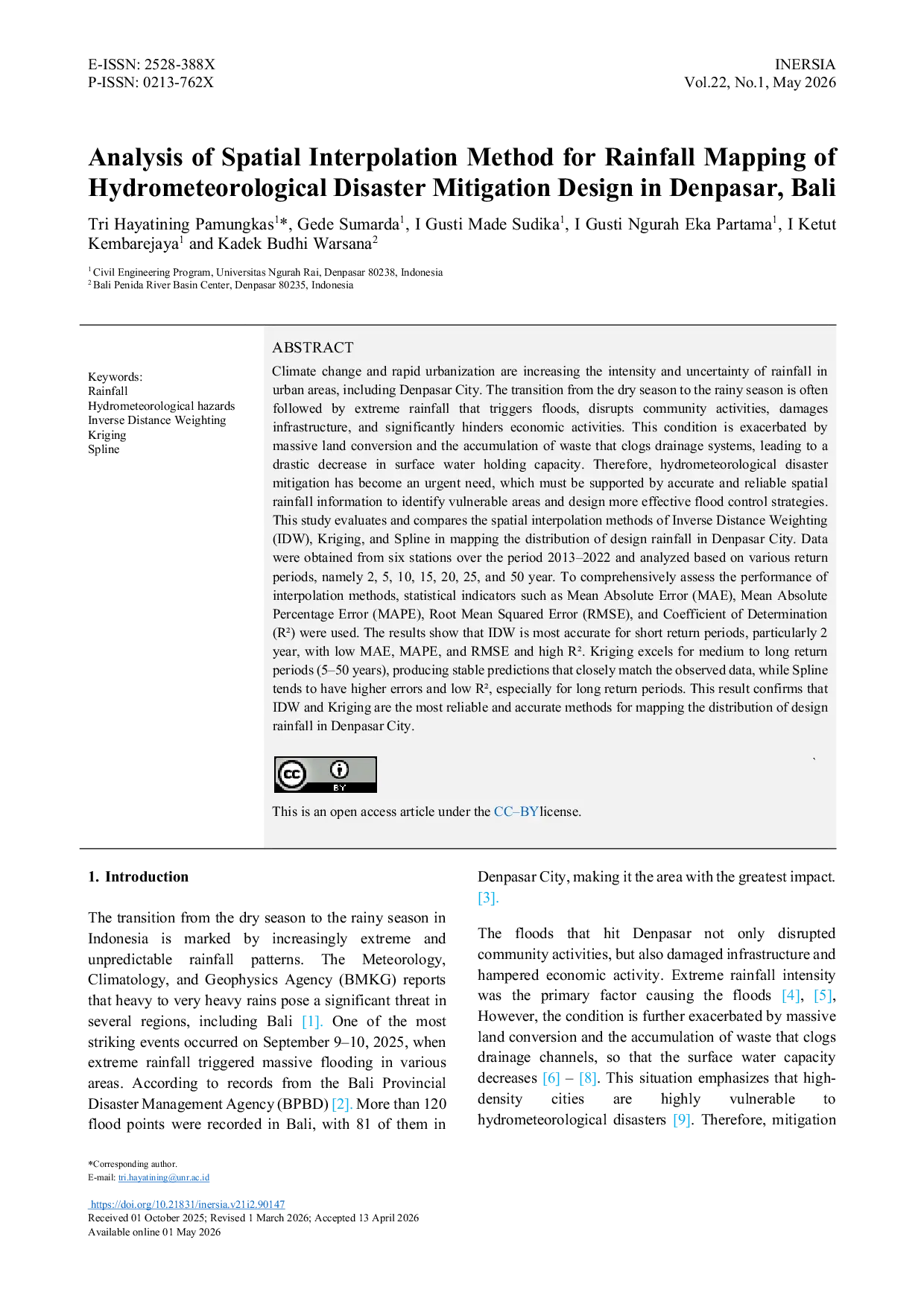JURIS Analysis of Spatial Interpolation Method for Rainfall Mapping of Hydrometeorological Disaster Mitigation Design in Denpasar Bali